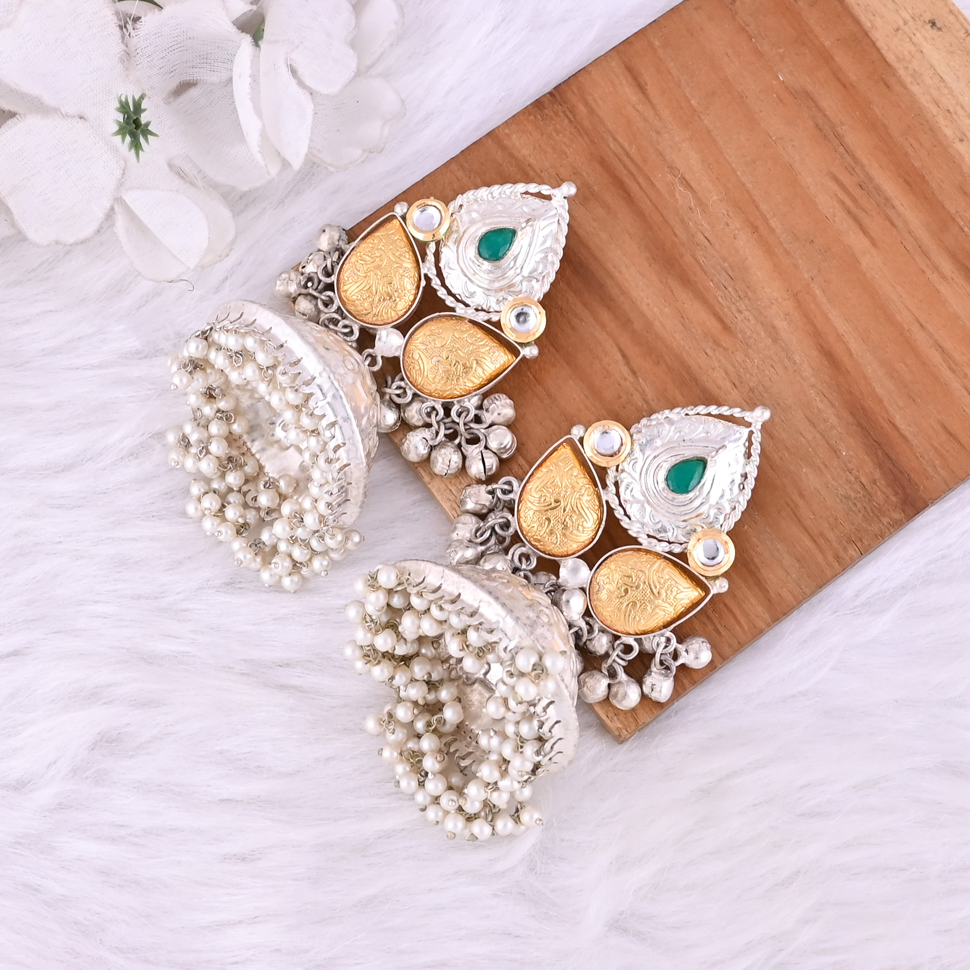 Green Onyx Kundan Pearl Stone German Silver Ethnic Design Dangle Earring