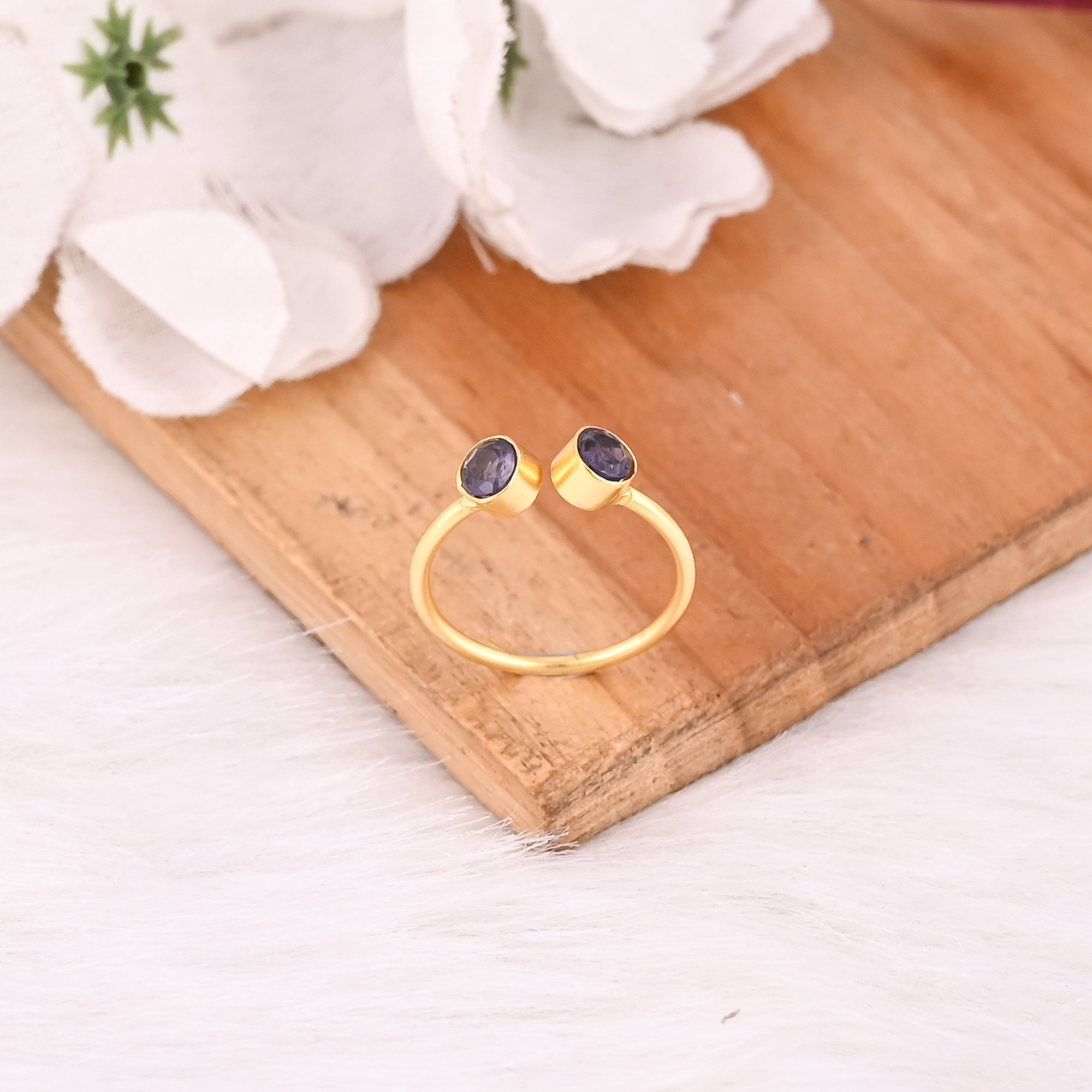 Solid 925 Sterling Silver Yellow Gold Plated Natural Iolite Gemstone Adjustable Handmade Designer Gift