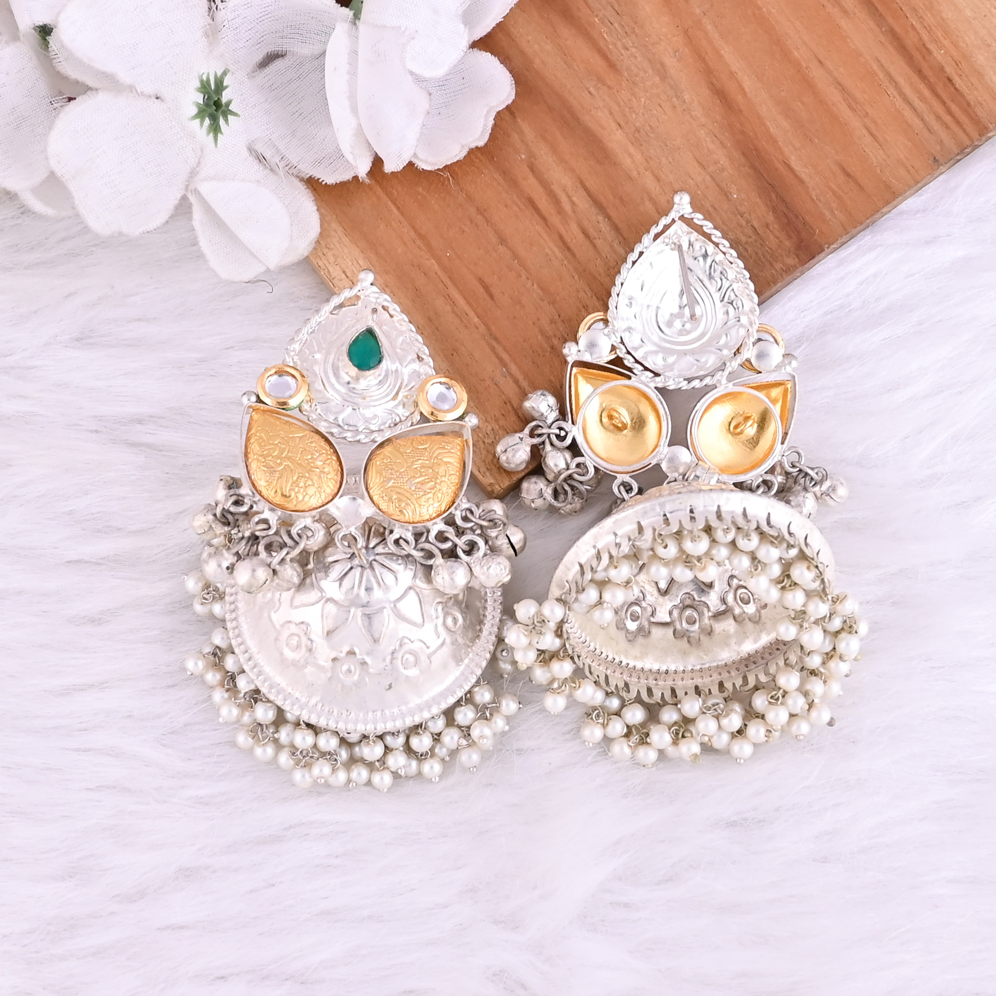 Green Onyx Kundan Pearl Stone German Silver Ethnic Design Dangle Earring