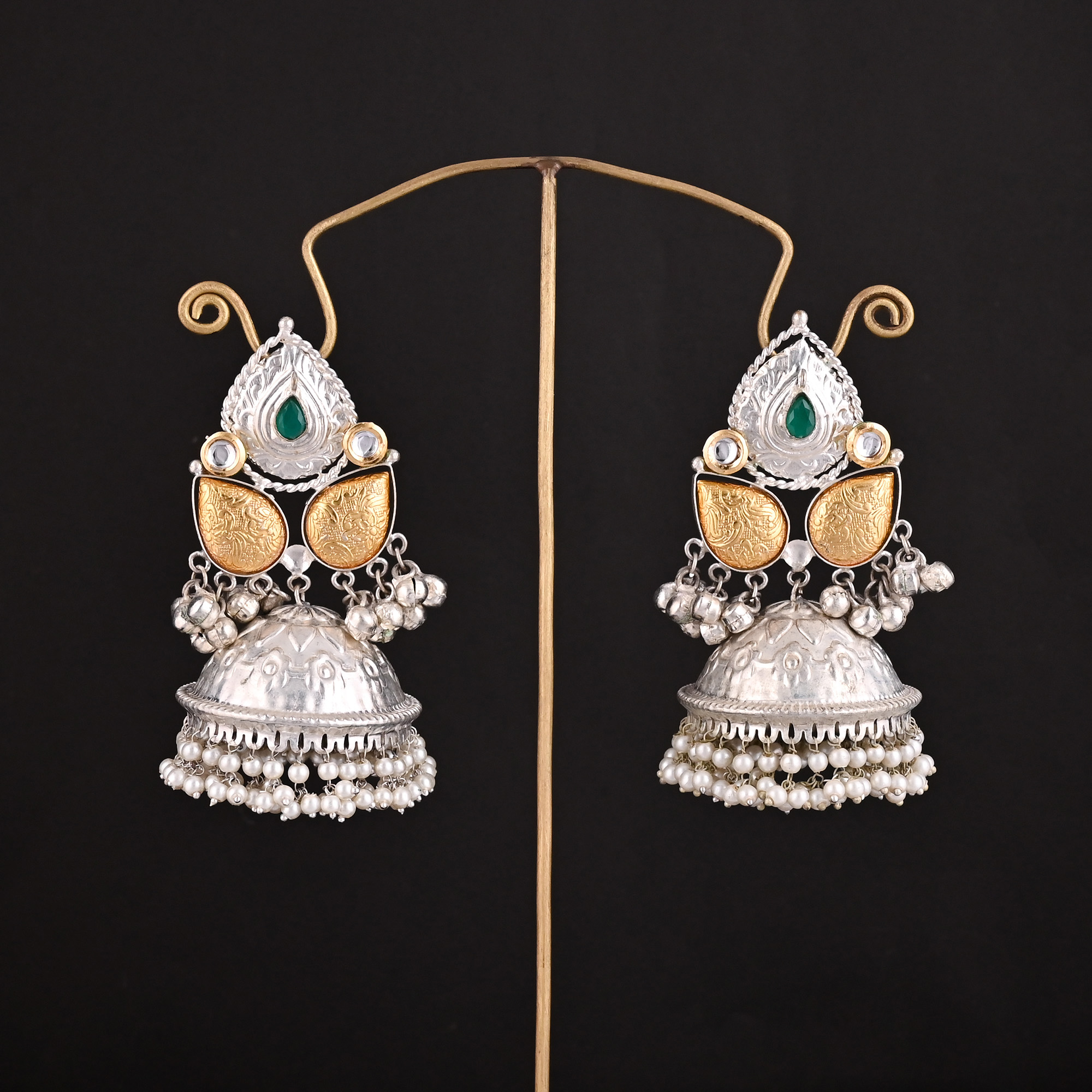 Green Onyx Kundan Pearl Stone German Silver Ethnic Design Dangle Earring