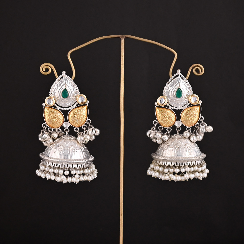Image of Green Onyx, Kundan, Pearl Stone German Silver Ethnic Design Dangle Earring