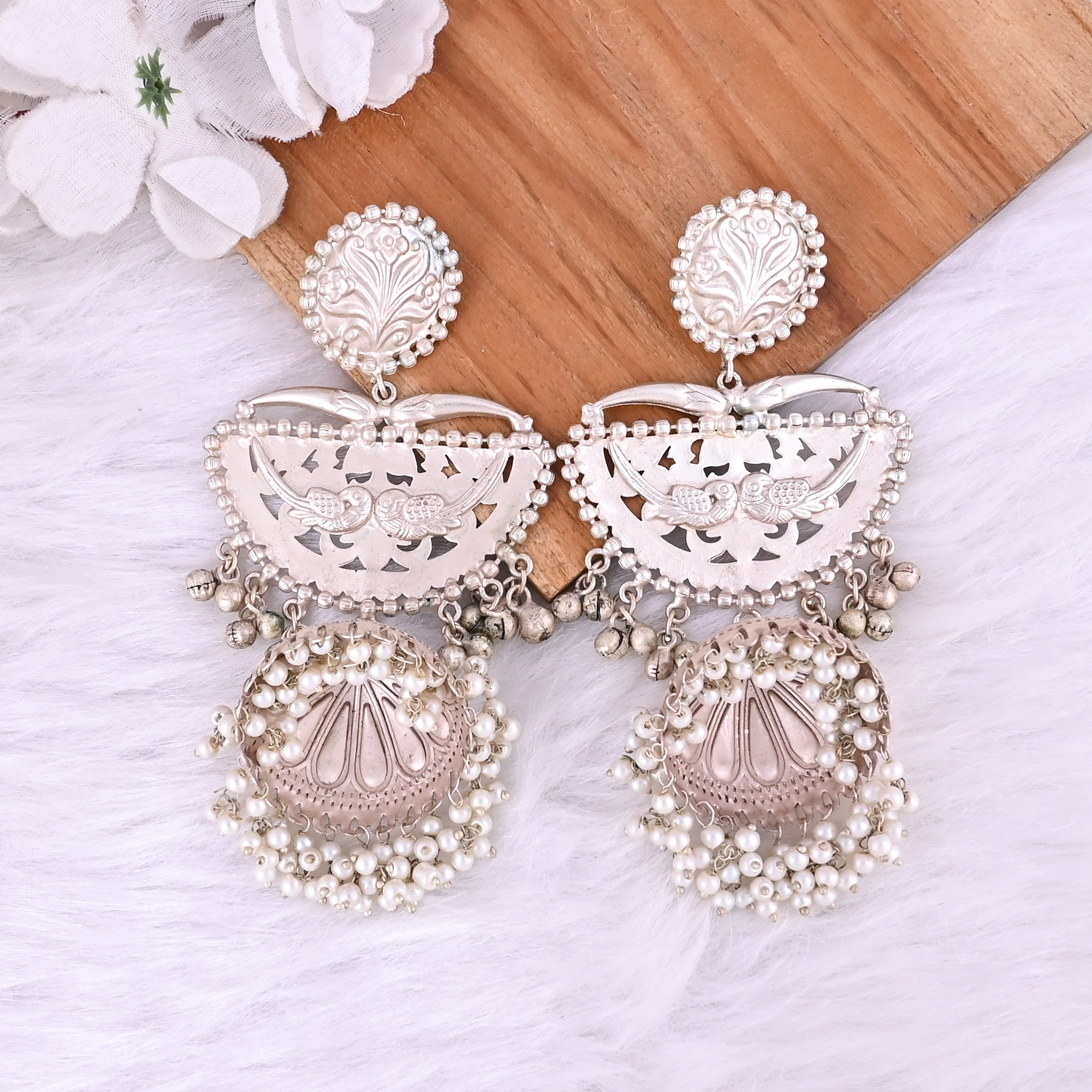 Pearls Stone German Silver Ethnic Design Dangle Earring