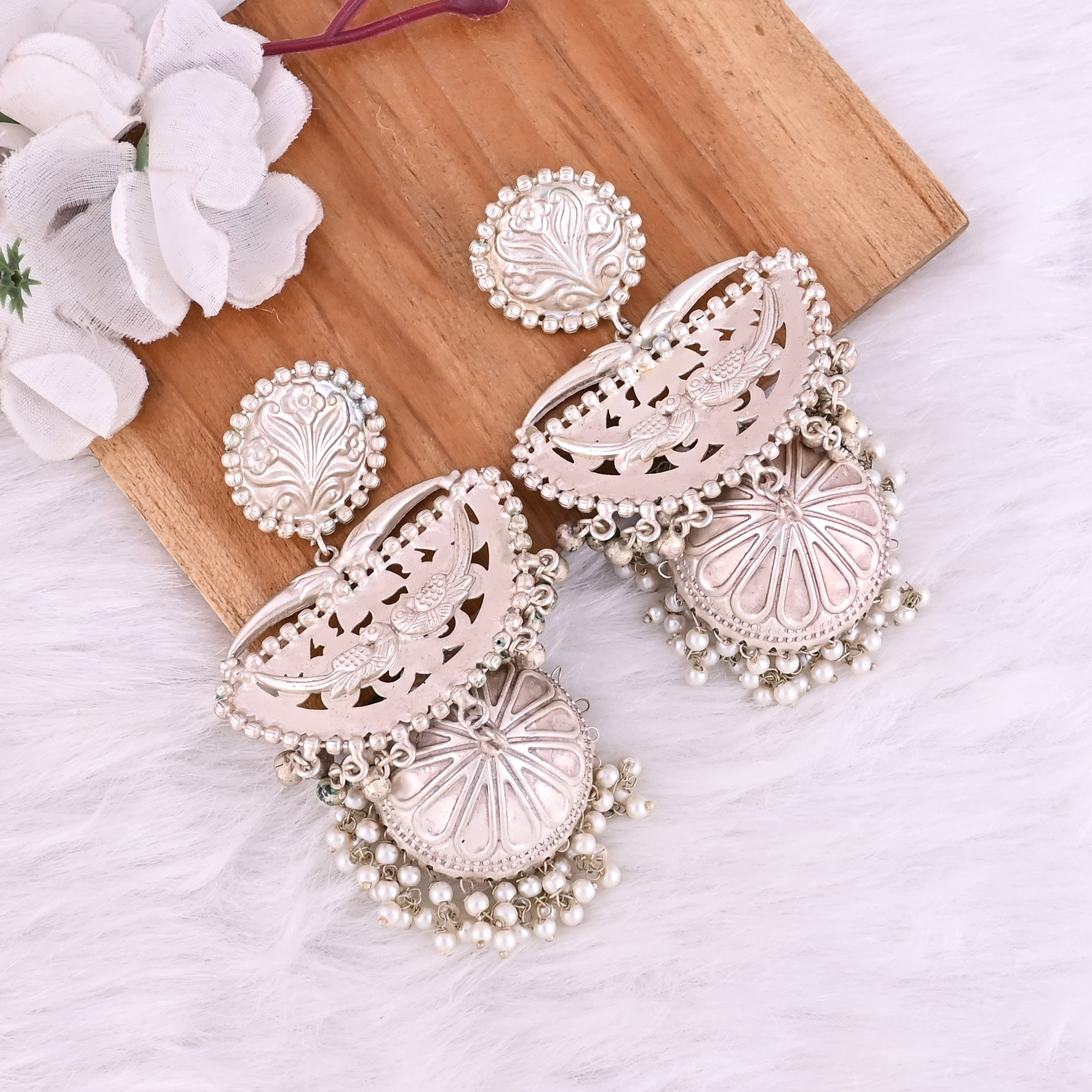 Pearls Stone German Silver Ethnic Design Dangle Earring