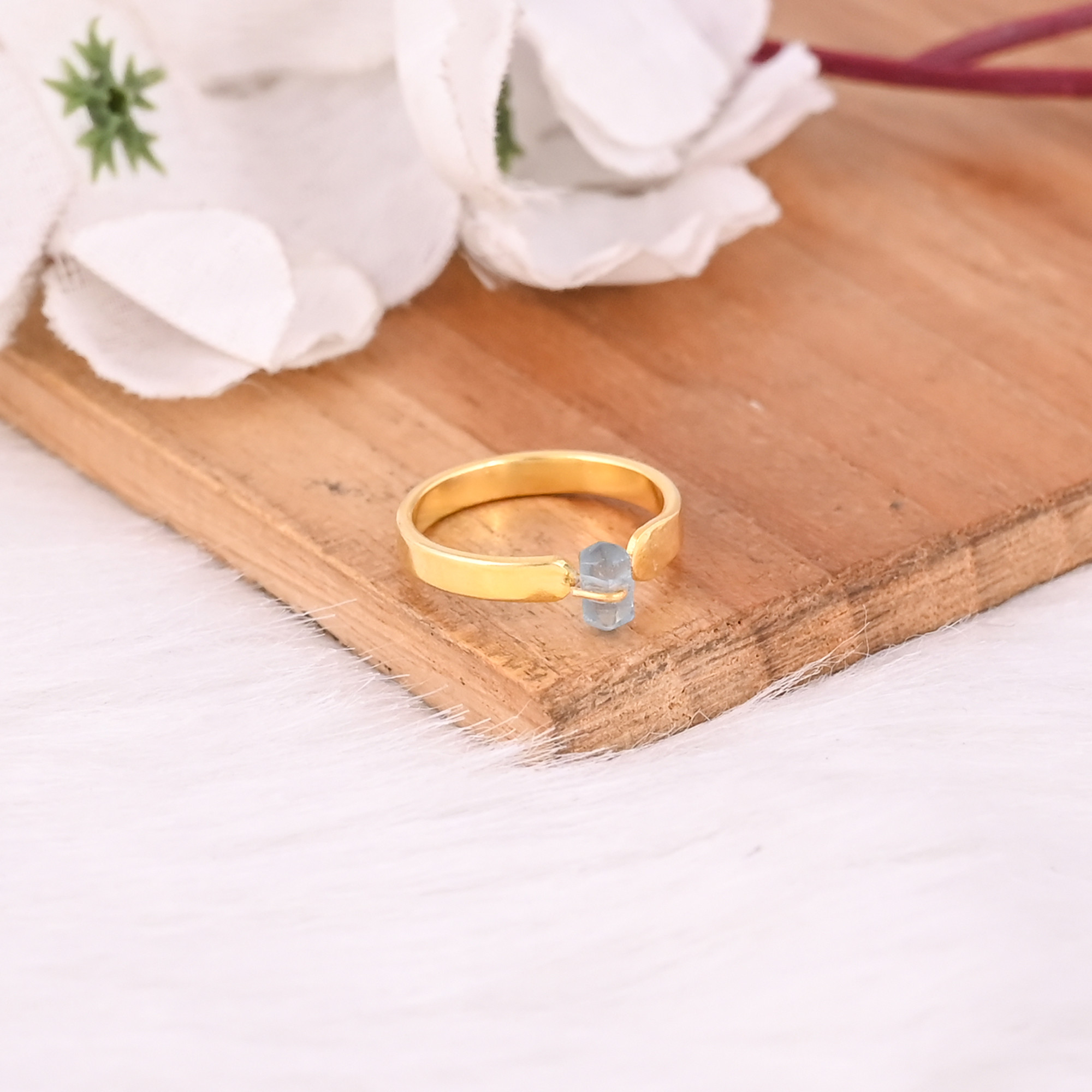 Raw Apatite Gemstone Solid 925 Sterling Silver Yellow Gold Plated Adjustable Women Ring Minimalist Jewelry