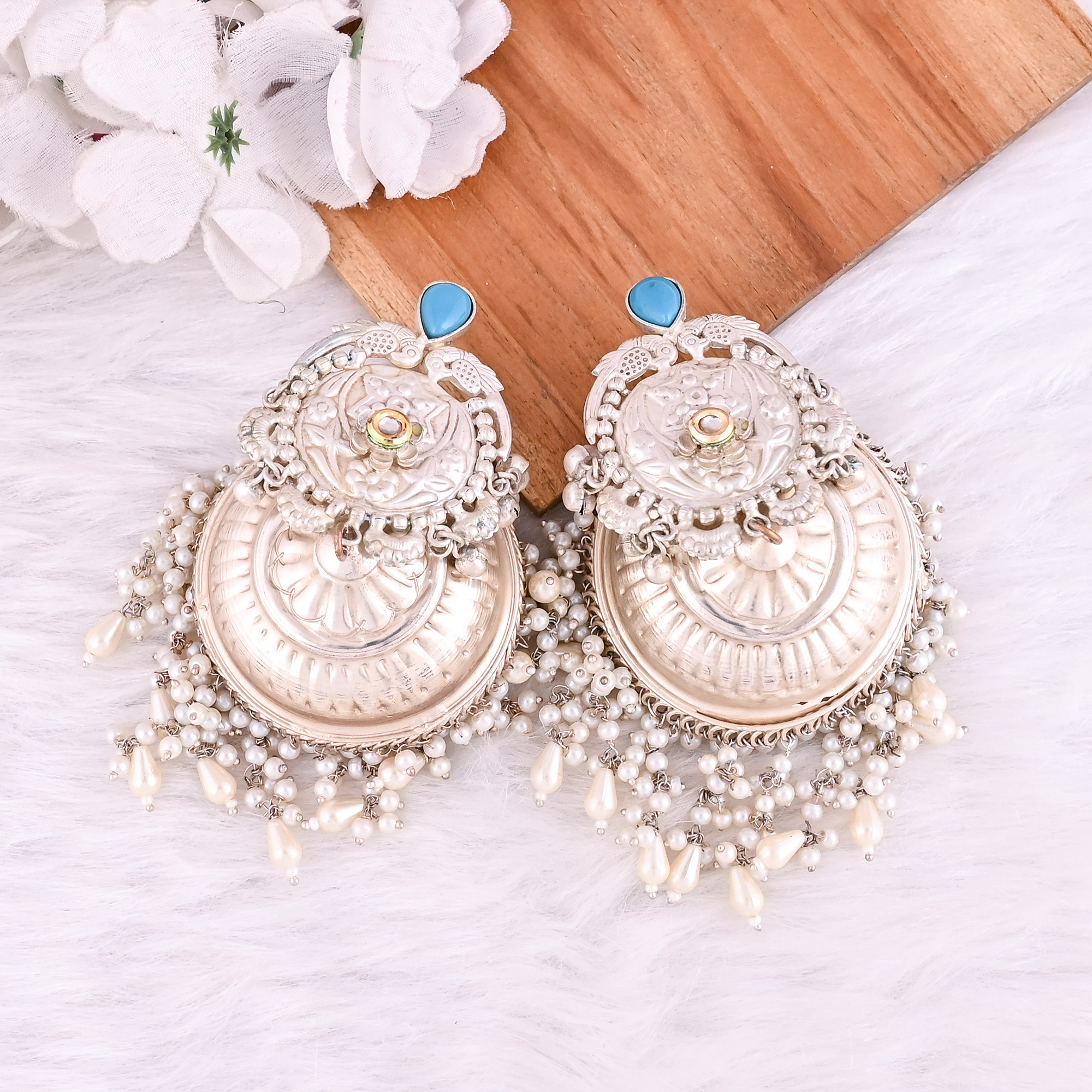 Synthetic Turquoise Kundan Pearls Stone German Silver Ethnic Jhumka Earring