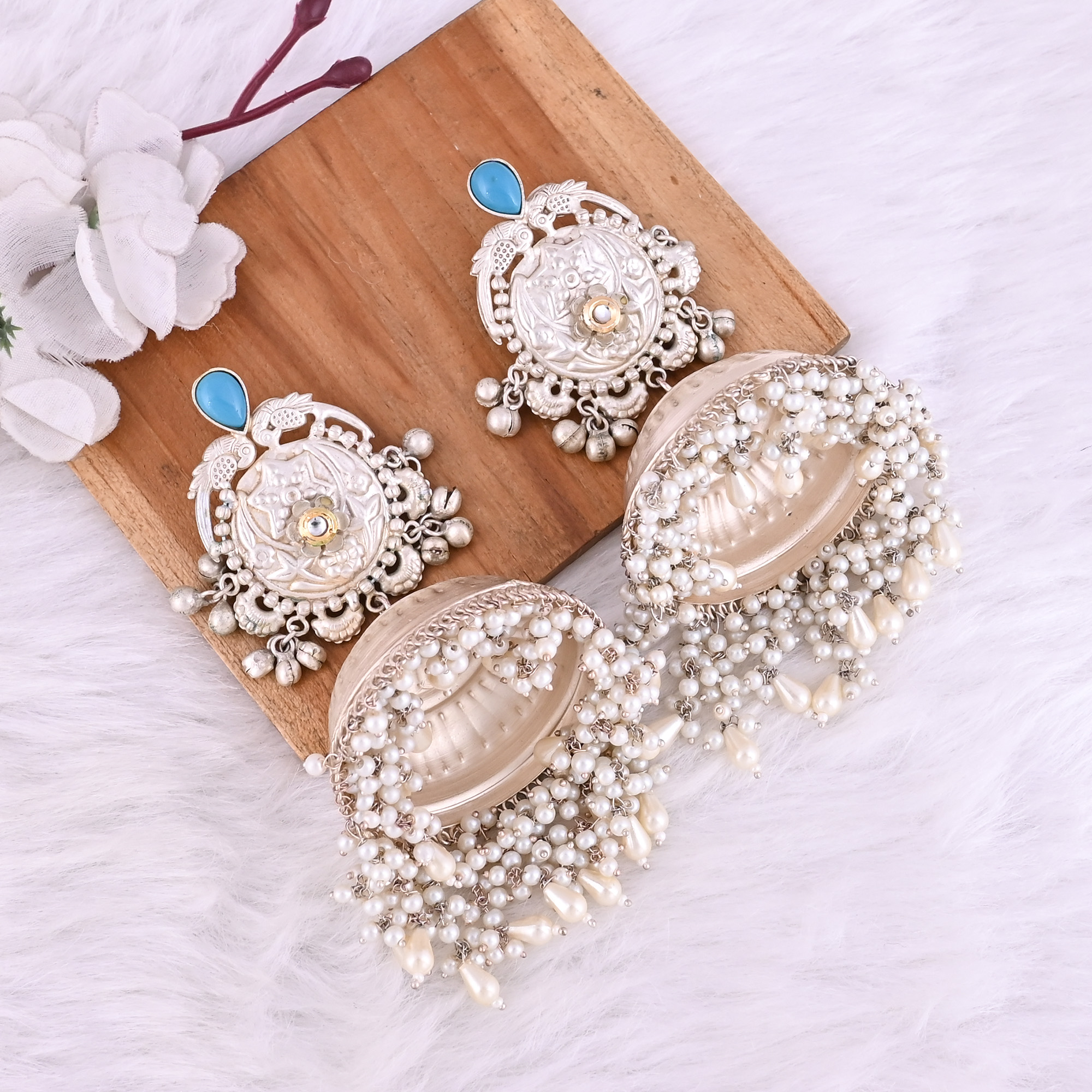 Synthetic Turquoise Kundan Pearls Stone German Silver Ethnic Jhumka Earring