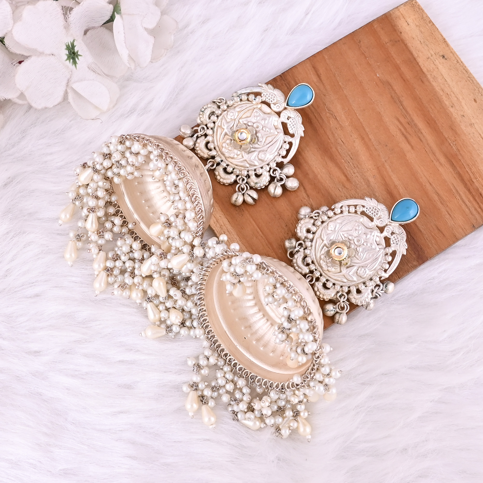 Synthetic Turquoise Kundan Pearls Stone German Silver Ethnic Jhumka Earring