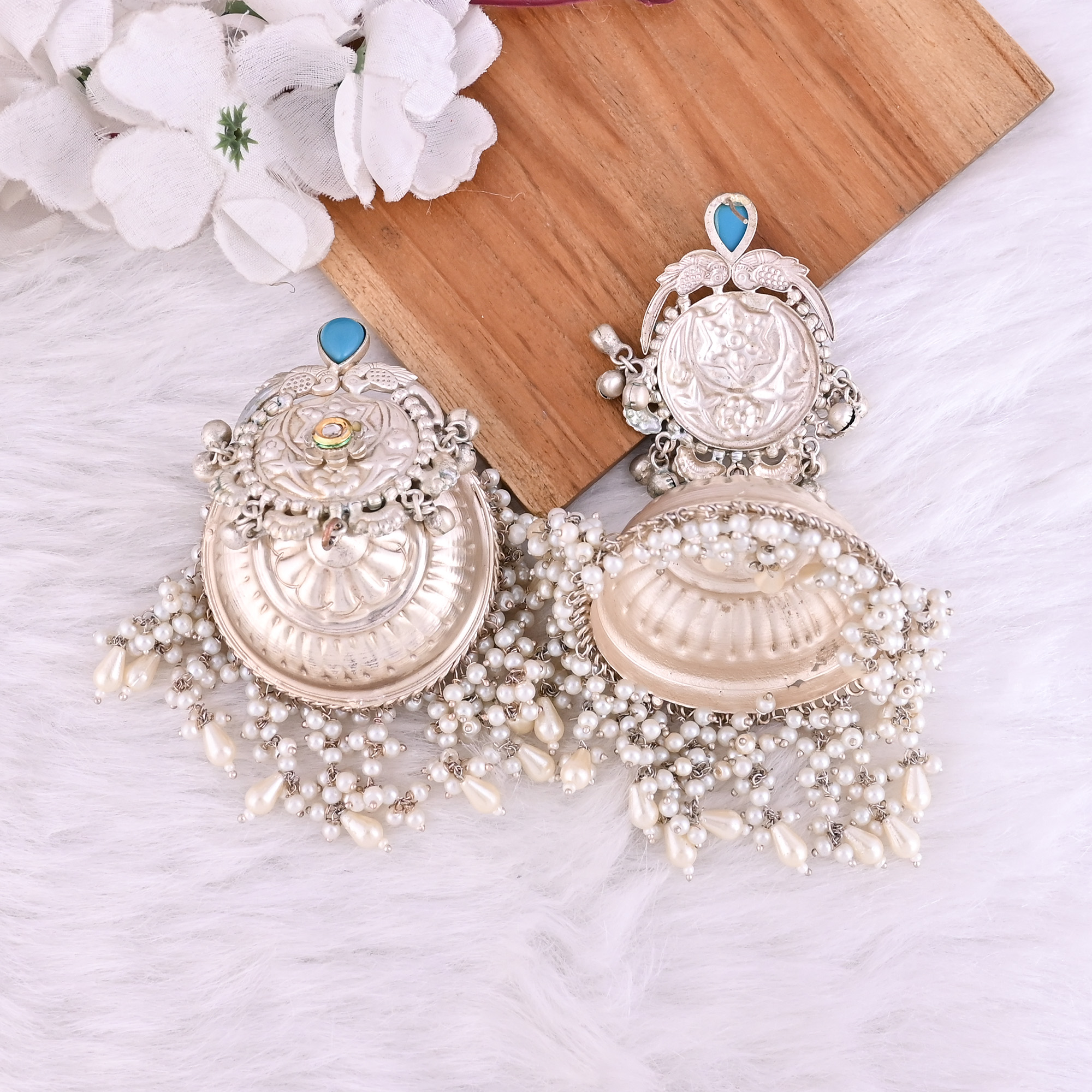Synthetic Turquoise Kundan Pearls Stone German Silver Ethnic Jhumka Earring