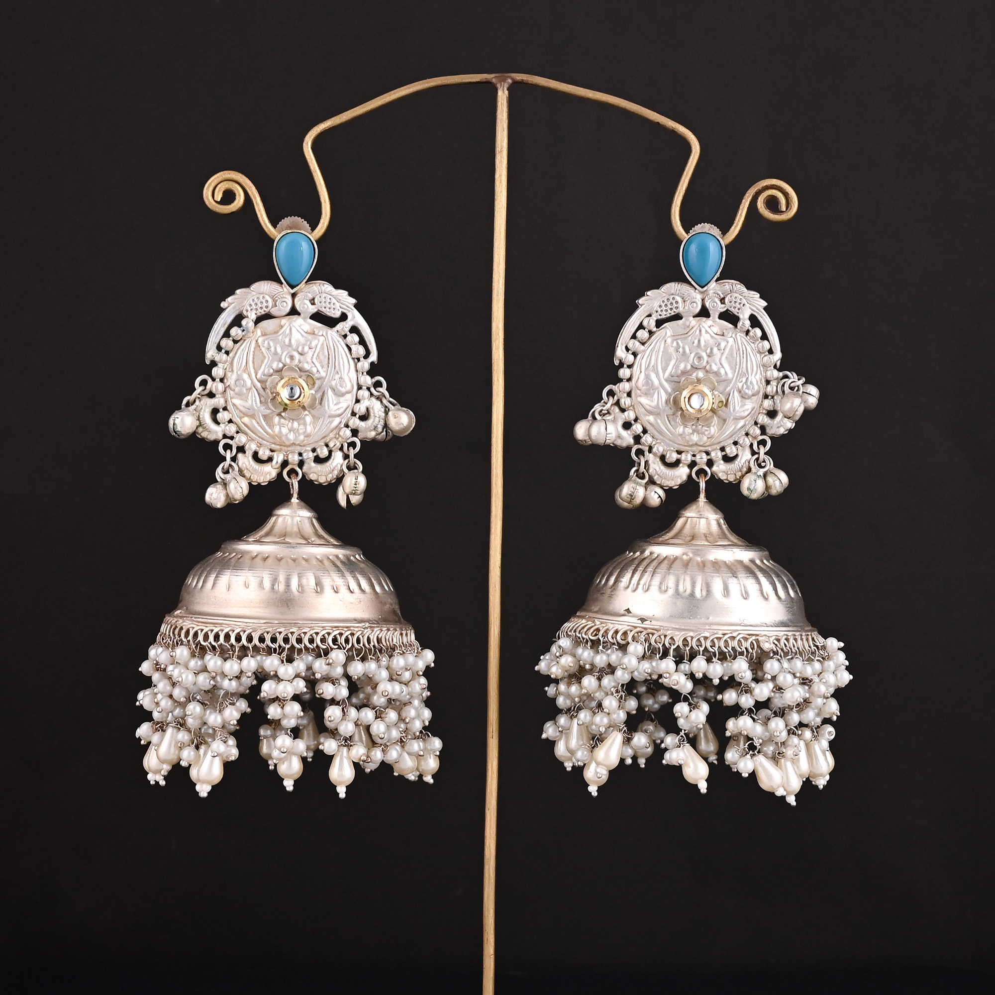 Synthetic Turquoise Kundan Pearls Stone German Silver Ethnic Jhumka Earring