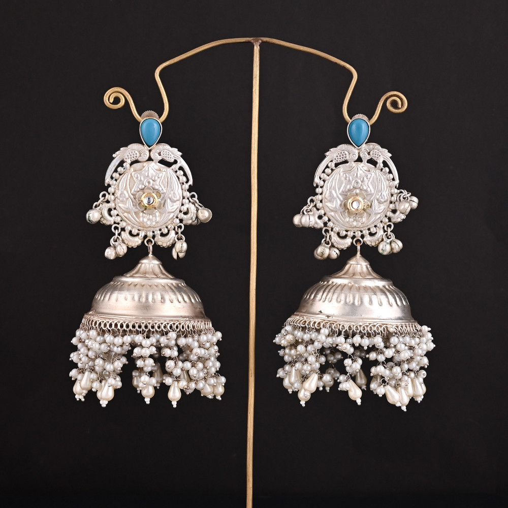 Image of Synthetic Turquoise, Kundan, Pearl's Stone German Silver Ethnic Jhumka Earring