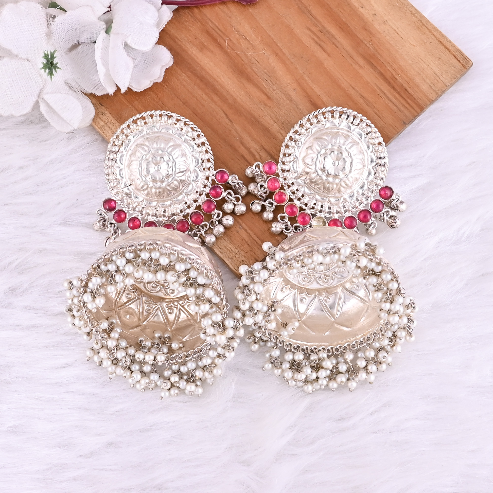 Pink Hydro Pearl Stone German Silver Ethnic Design Big Jhumka Earring