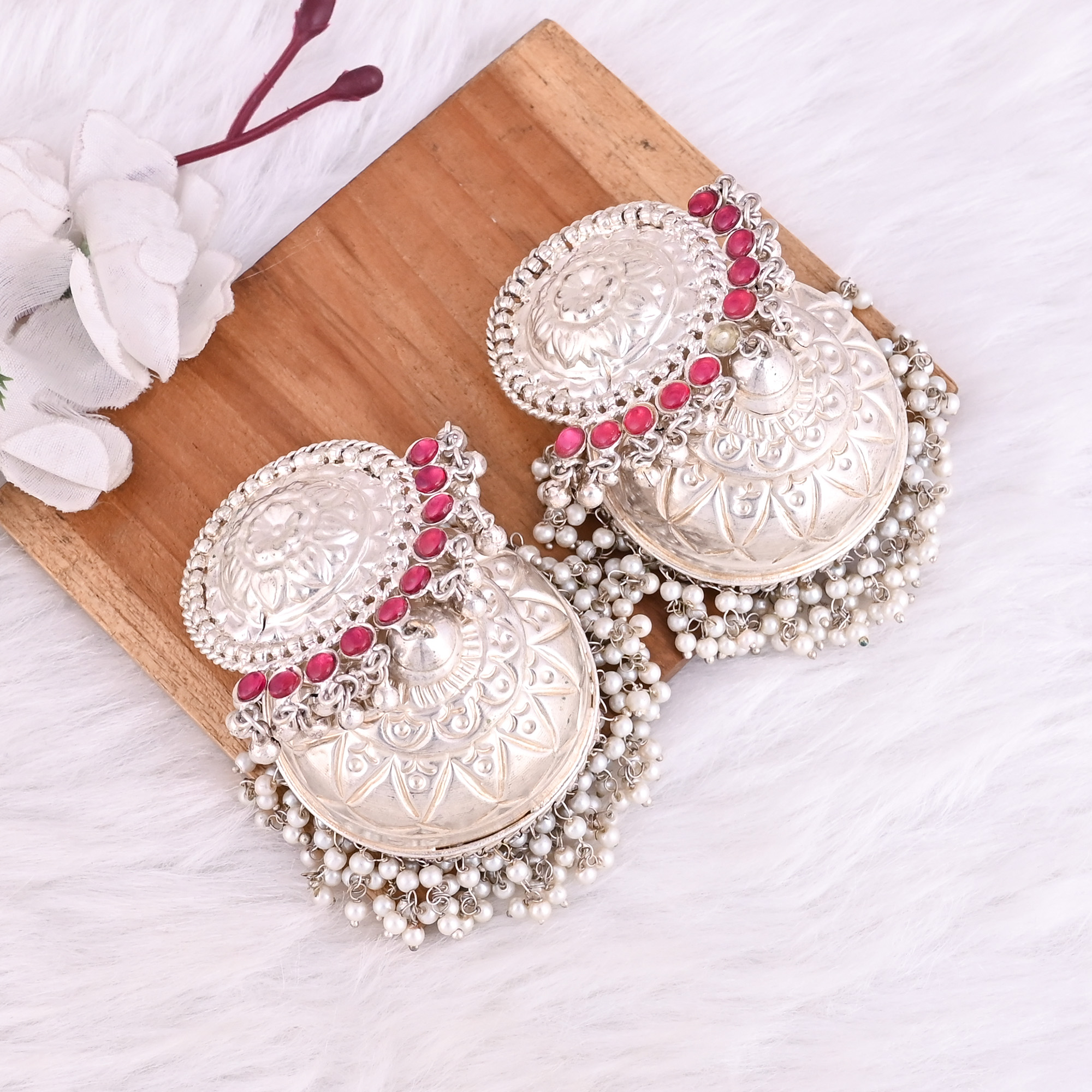 Pink Hydro Pearl Stone German Silver Ethnic Design Big Jhumka Earring