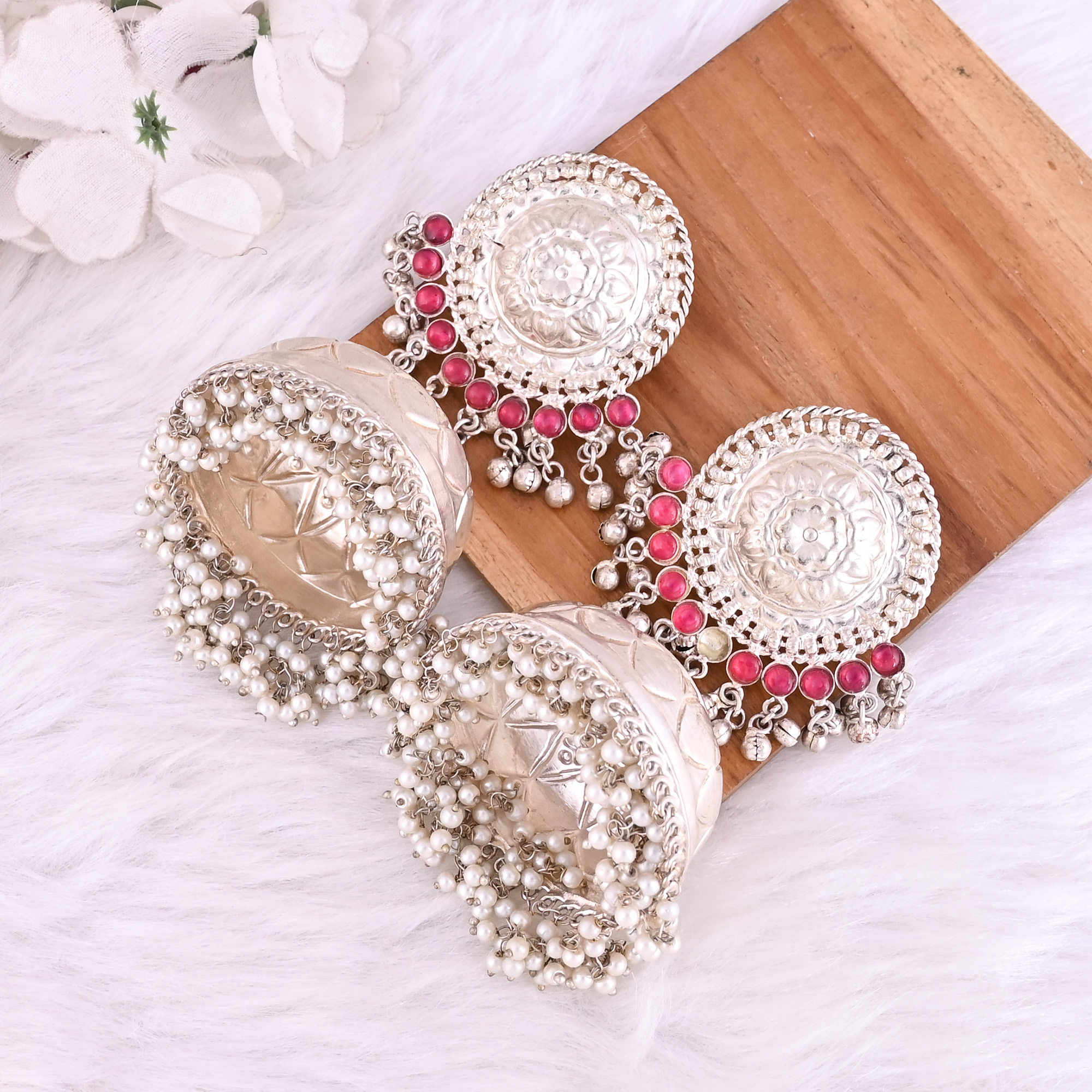 Pink Hydro Pearl Stone German Silver Ethnic Design Big Jhumka Earring