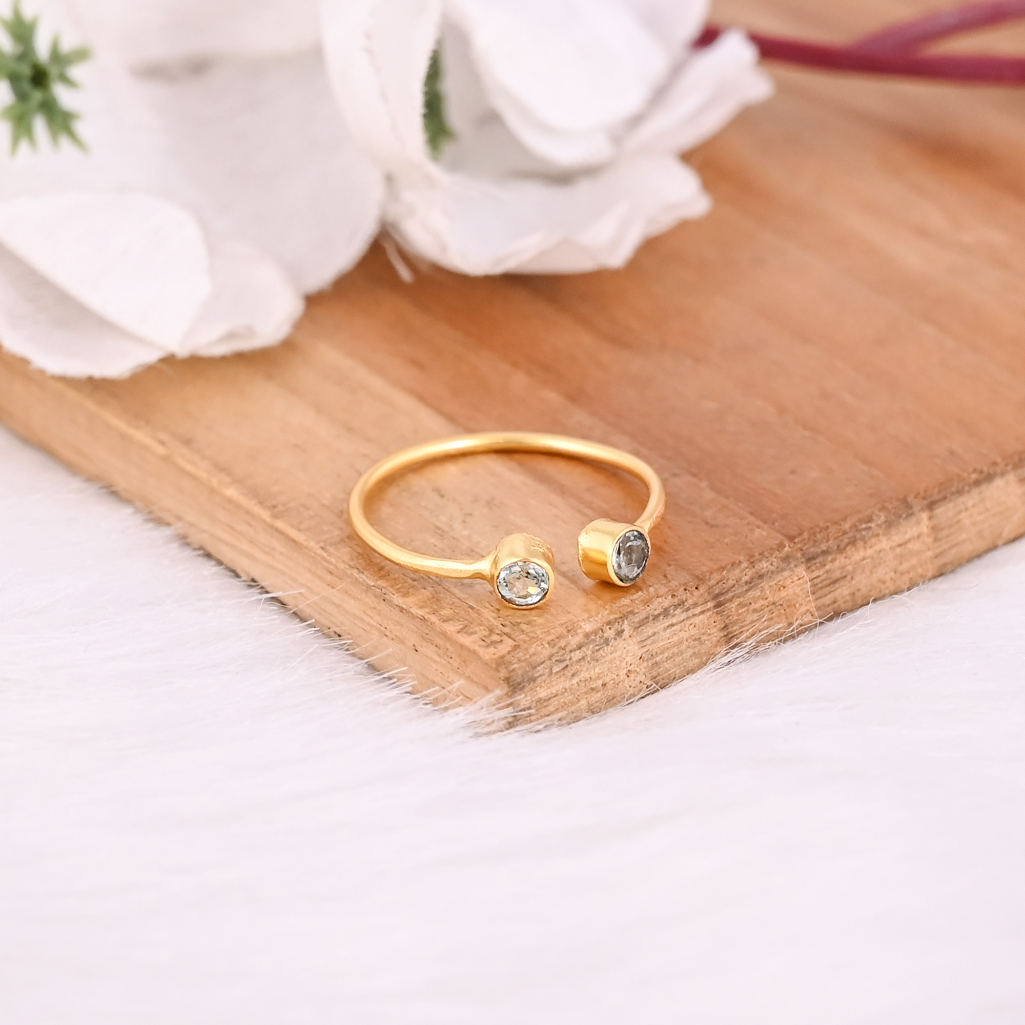 Blue Topaz Gemstone Solid 925 Sterling Silver Yellow Gold Plated Handmade Adjustable Ring