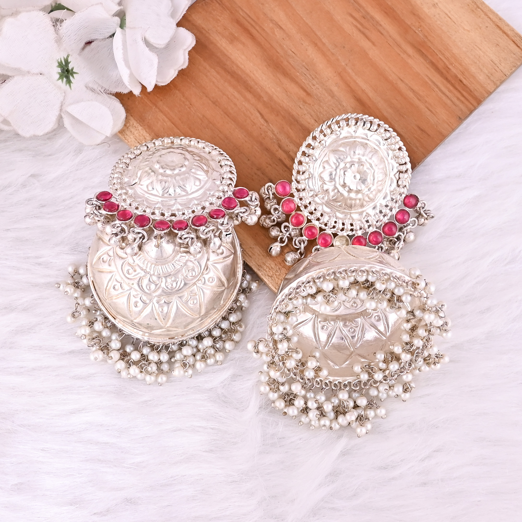 Pink Hydro Pearl Stone German Silver Ethnic Design Big Jhumka Earring