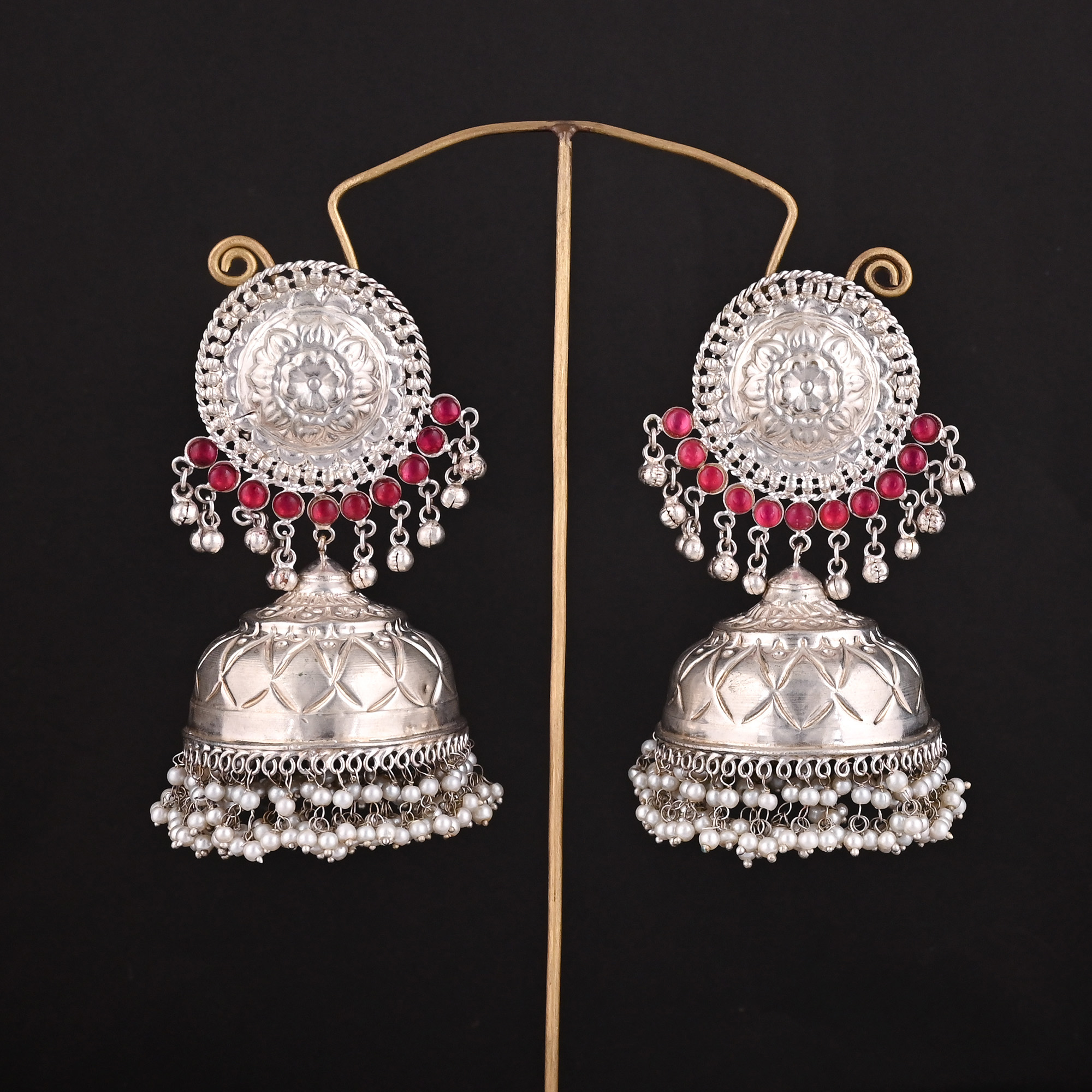 Pink Hydro Pearl Stone German Silver Ethnic Design Big Jhumka Earring