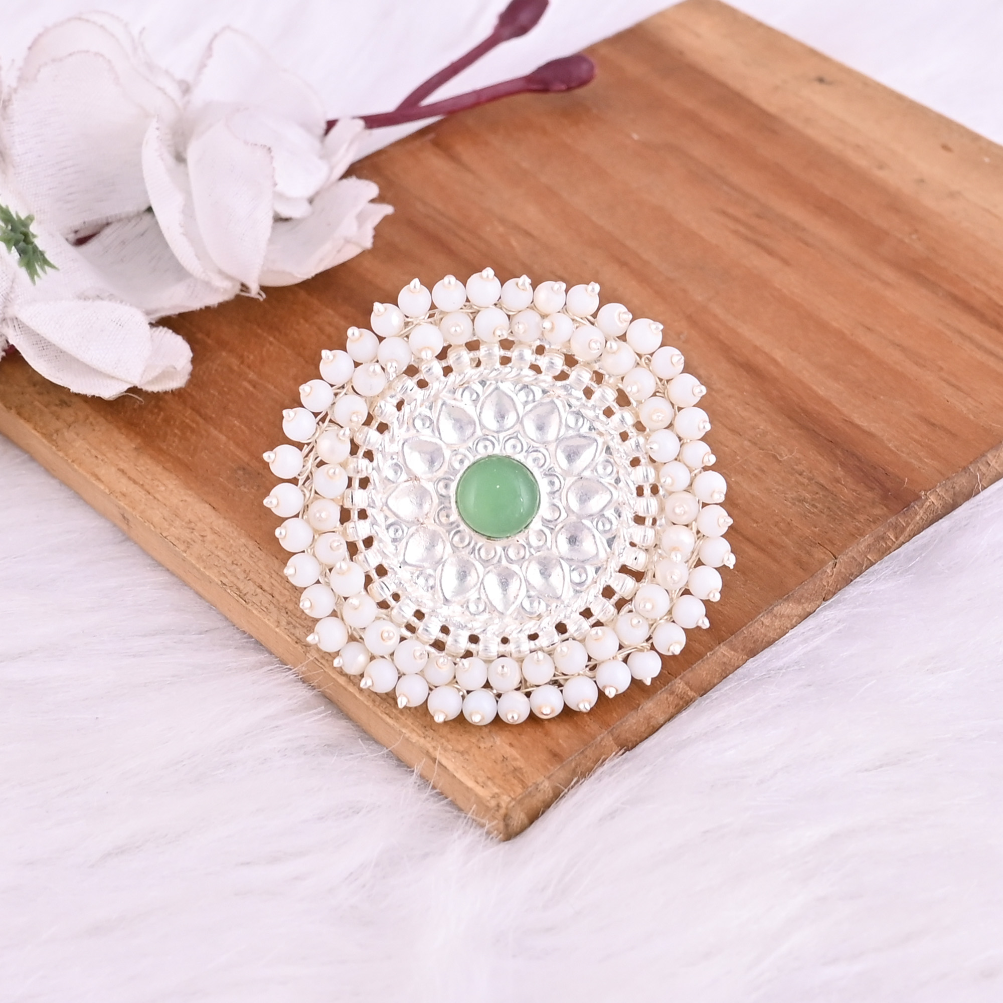 Green Chalcedony Pearl Stone German Silver Ethnic Adjustable Ring