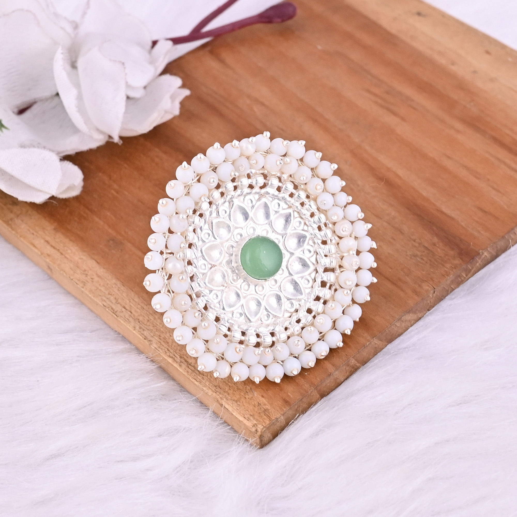 Green Chalcedony Pearl Stone German Silver Ethnic Adjustable Ring