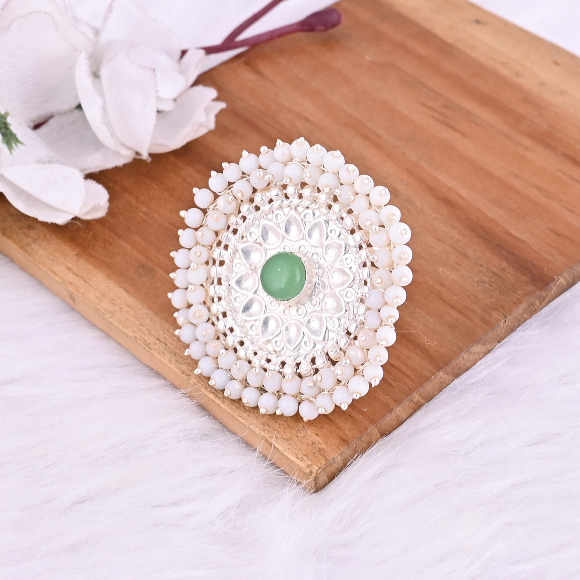 Green Chalcedony Pearl Stone German Silver Ethnic Adjustable Ring