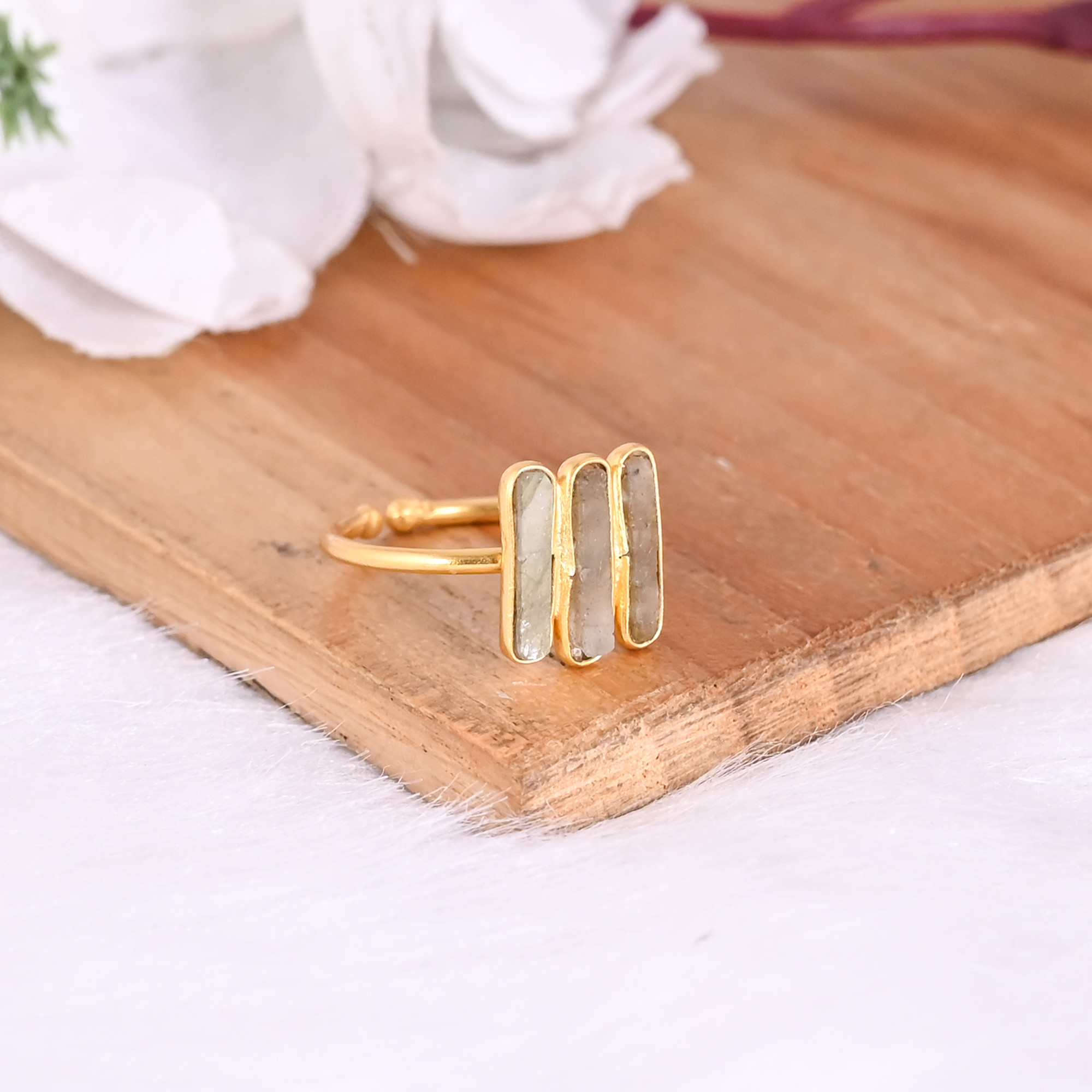 Labradorite Rough Gemstone Solid 925 Sterling Silver Yellow Gold Plated Adjustable Ring Gorgeous Gift Ring