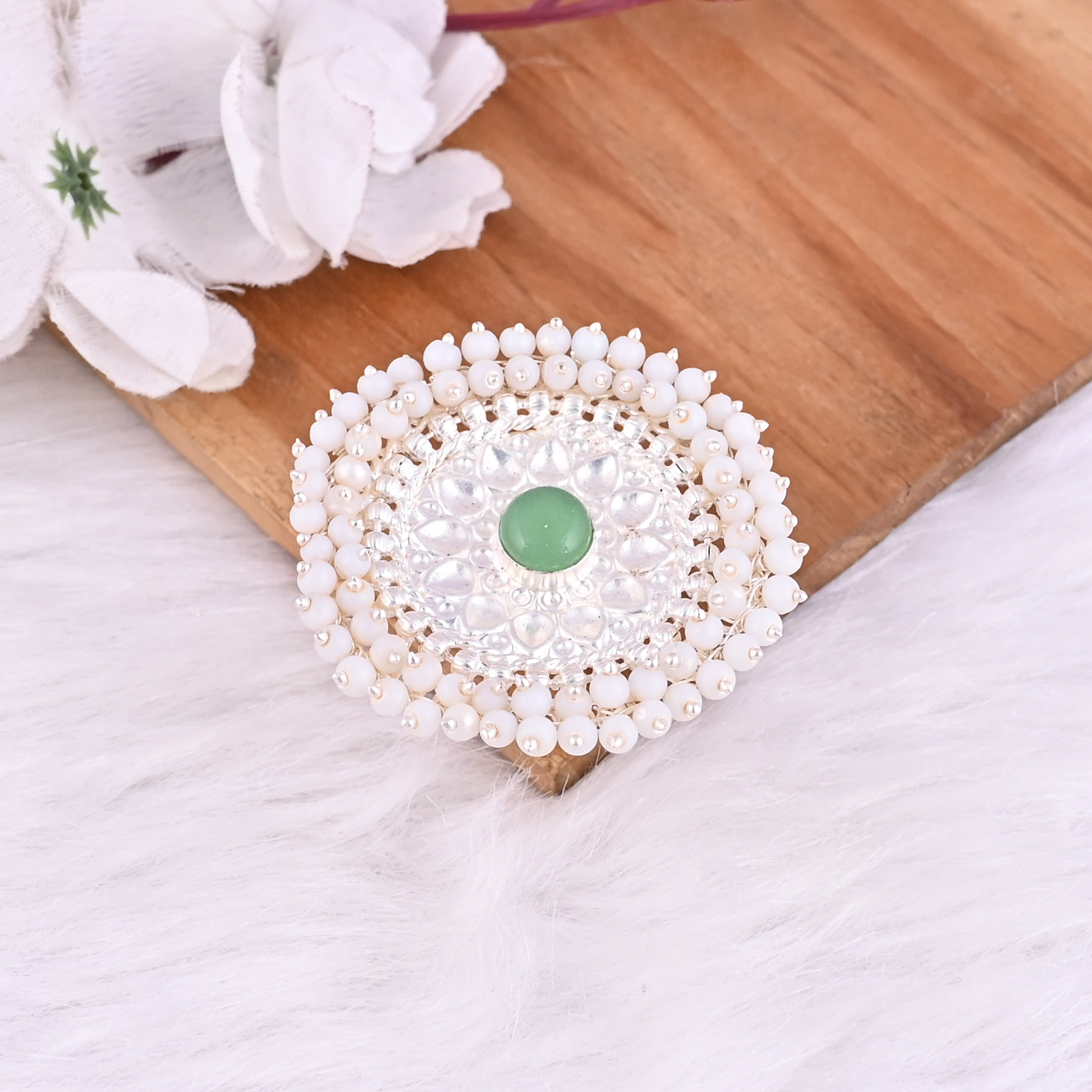 Green Chalcedony Pearl Stone German Silver Ethnic Adjustable Ring