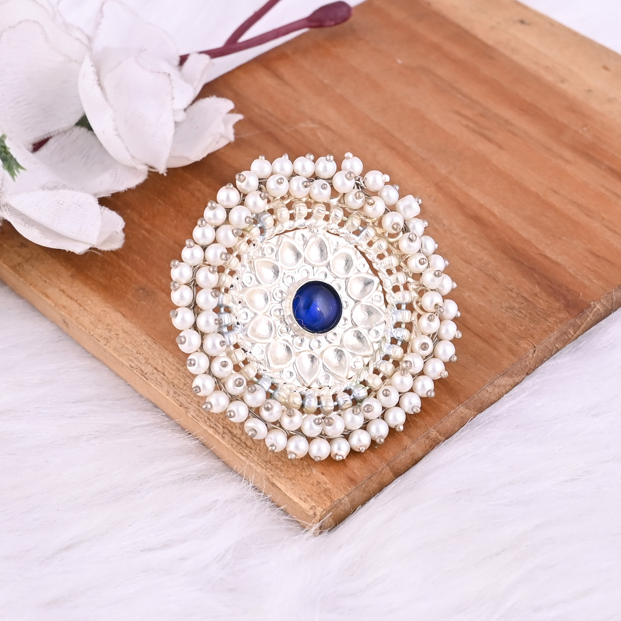 Ink Blue Hydro Pearl Stone German Silver Ethnic Adjustable Ring