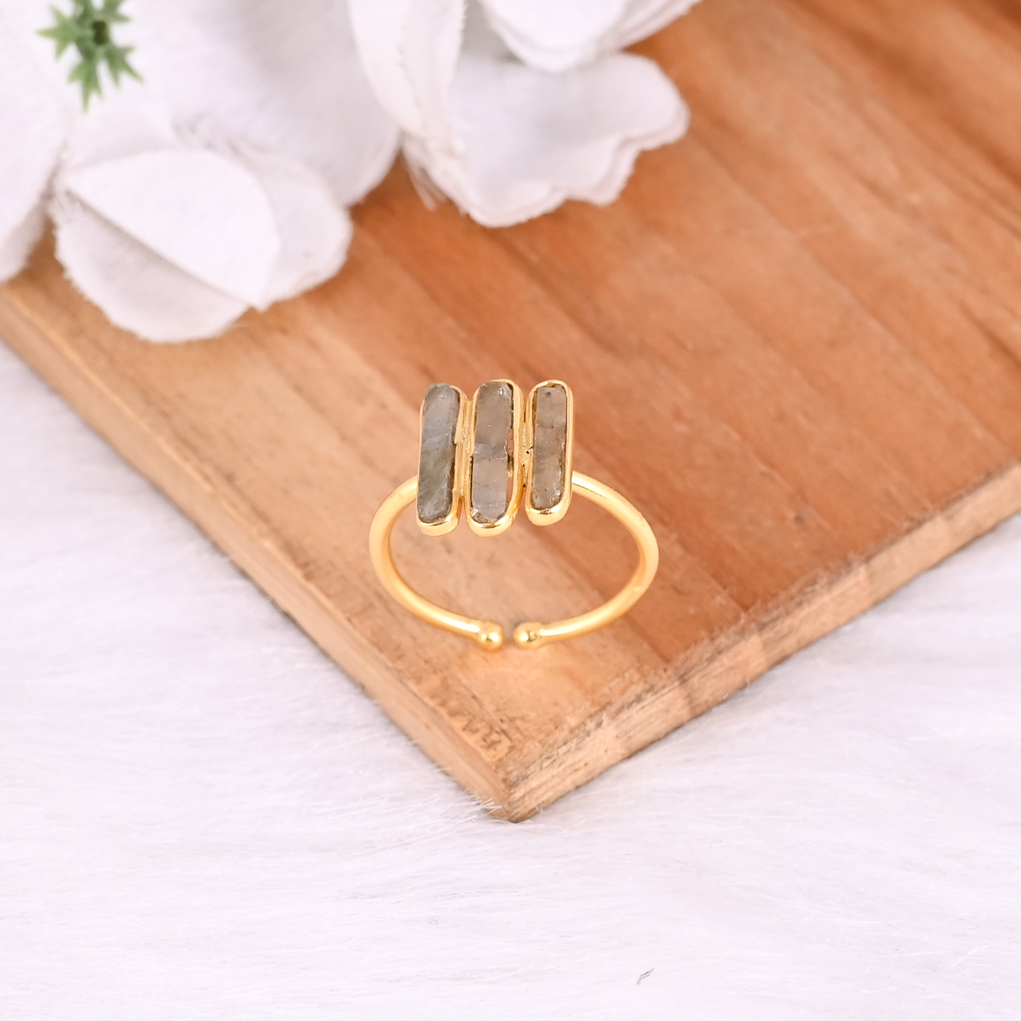 Labradorite Rough Gemstone Solid 925 Sterling Silver Yellow Gold Plated Adjustable Ring Gorgeous Gift Ring