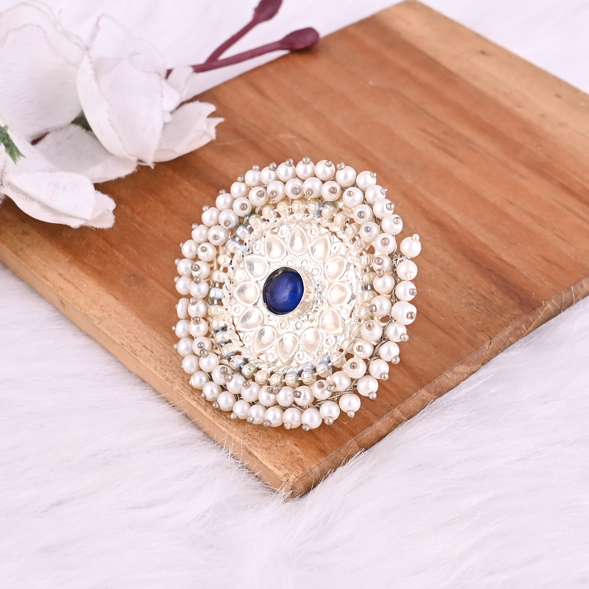 Ink Blue Hydro Pearl Stone German Silver Ethnic Adjustable Ring
