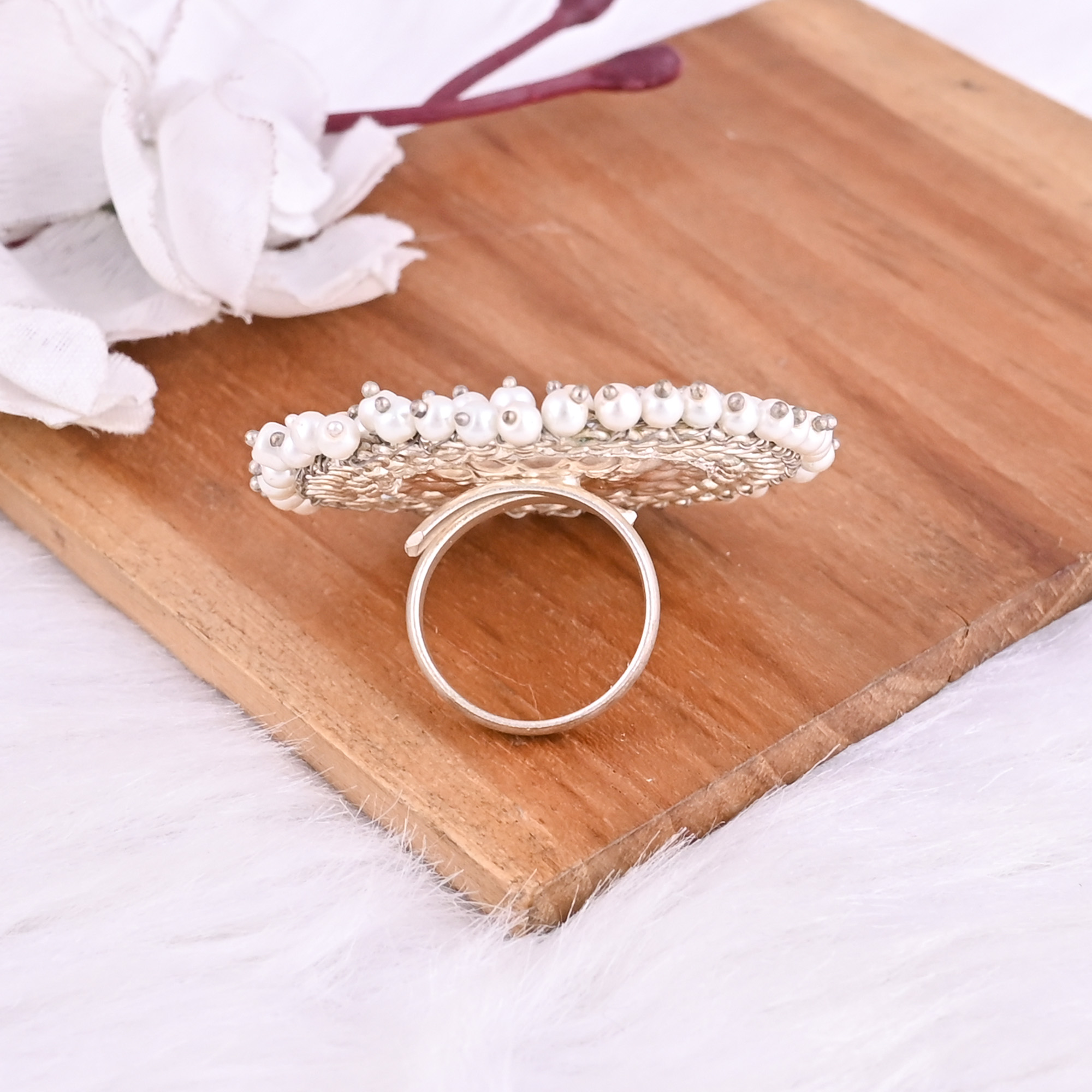 Ink Blue Hydro Pearl Stone German Silver Ethnic Adjustable Ring