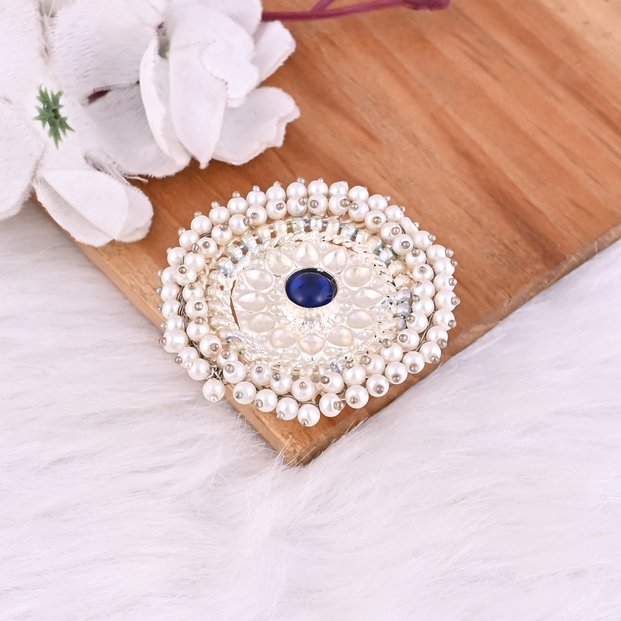 Ink Blue Hydro Pearl Stone German Silver Ethnic Adjustable Ring