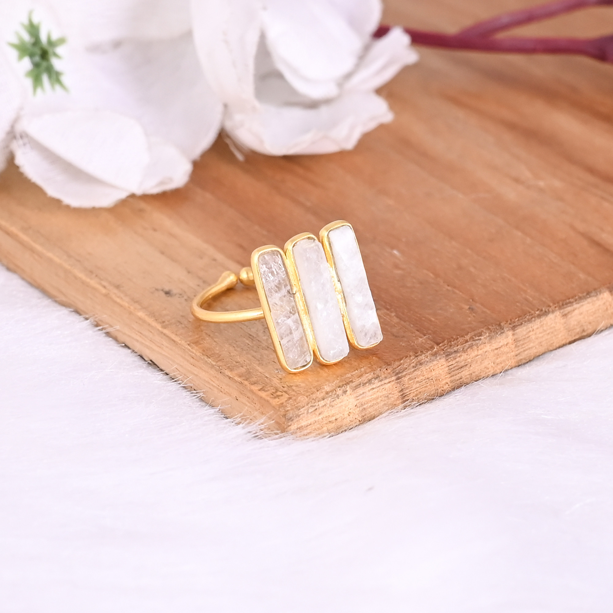 Moonstone Rough Gemstone Solid 925 Sterling Silver Yellow Gold Plated Birthstone Adjustable Ring Unique Jewelry