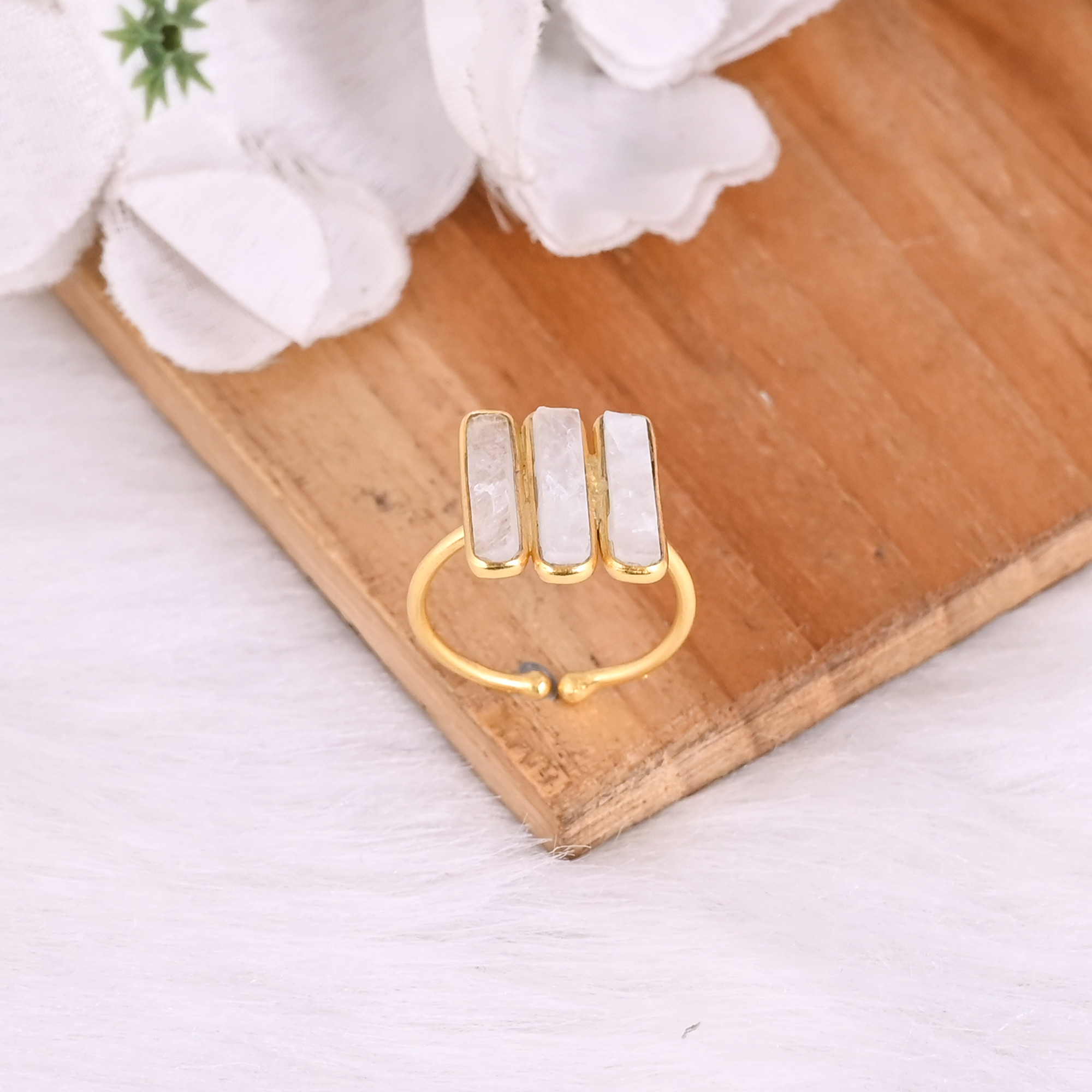 Moonstone Rough Gemstone Solid 925 Sterling Silver Yellow Gold Plated Birthstone Adjustable Ring Unique Jewelry