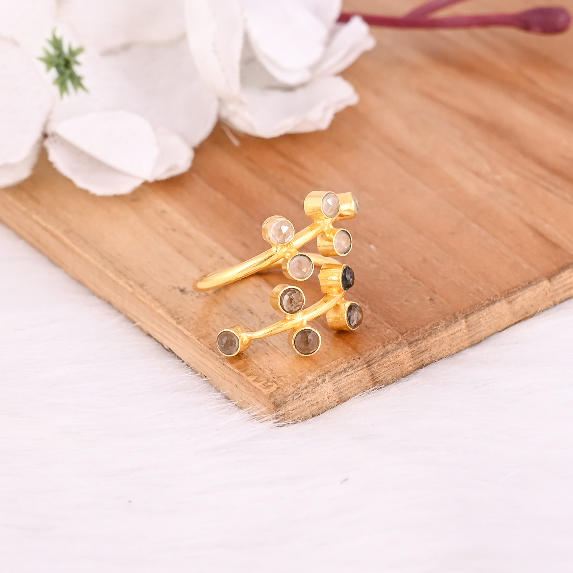 Solid 925 Sterling Silver Smoky  Crystal Gemstone Handmade Boho Designer Birthday Gift Ring Yellow Gold Plated Jewelry