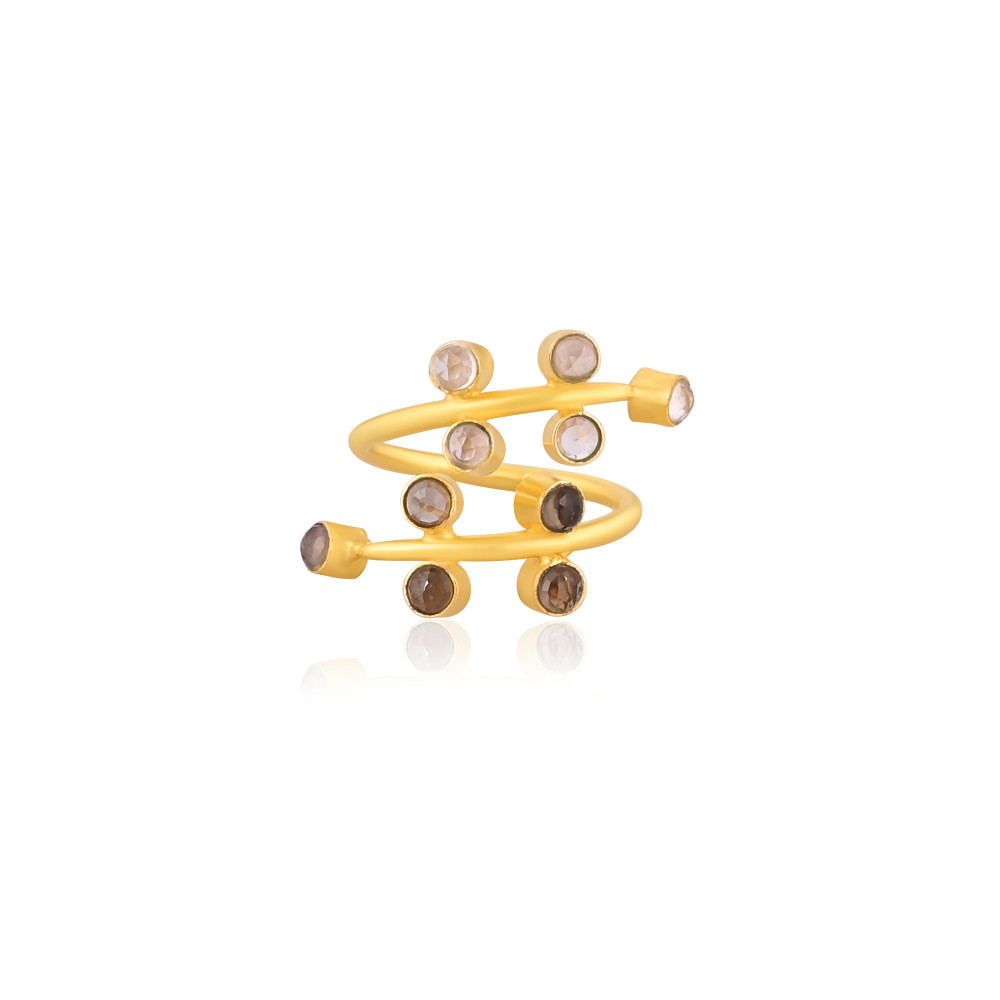 Image of Solid 925 Sterling Silver Smoky &amp; Crystal Gemstone Handmade Boho Designer Birthday Gift Ring Yellow Gold Plated Jewelry