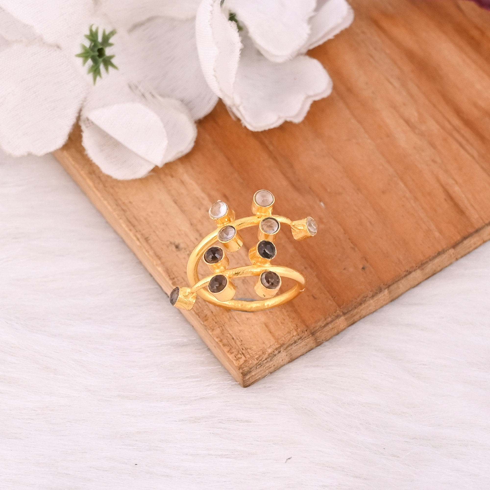 Solid 925 Sterling Silver Smoky  Crystal Gemstone Handmade Boho Designer Birthday Gift Ring Yellow Gold Plated Jewelry