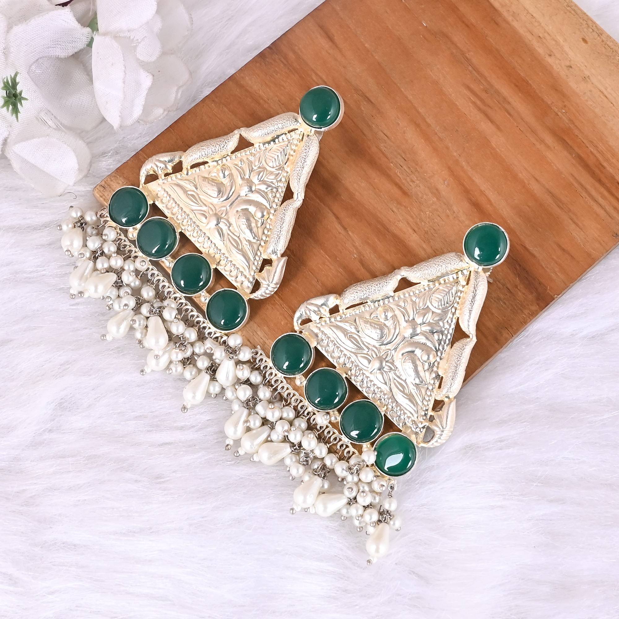 Green Hydro Pearl Stone  Jhumka Ethnic Earrings  Silver Plated Brass Traditional Indian Jewelry
