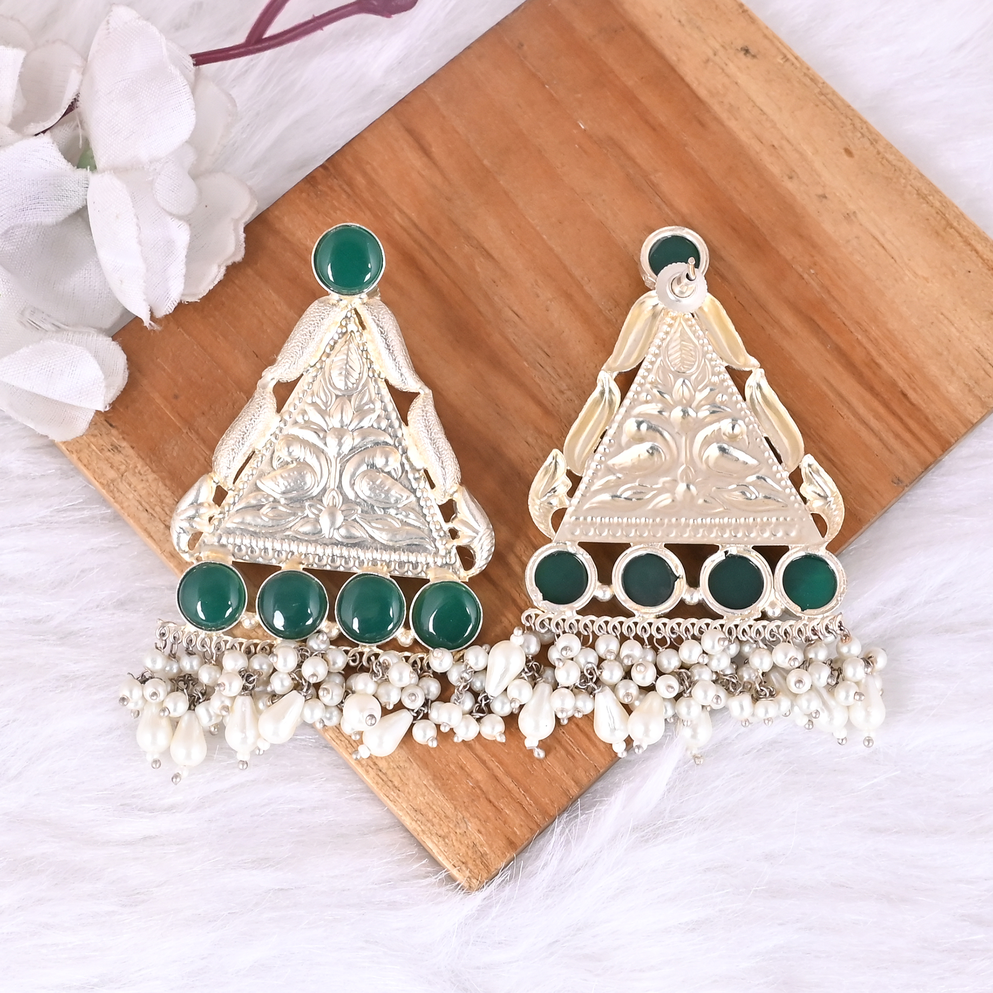 Green Hydro Pearl Stone  Jhumka Ethnic Earrings  Silver Plated Brass Traditional Indian Jewelry