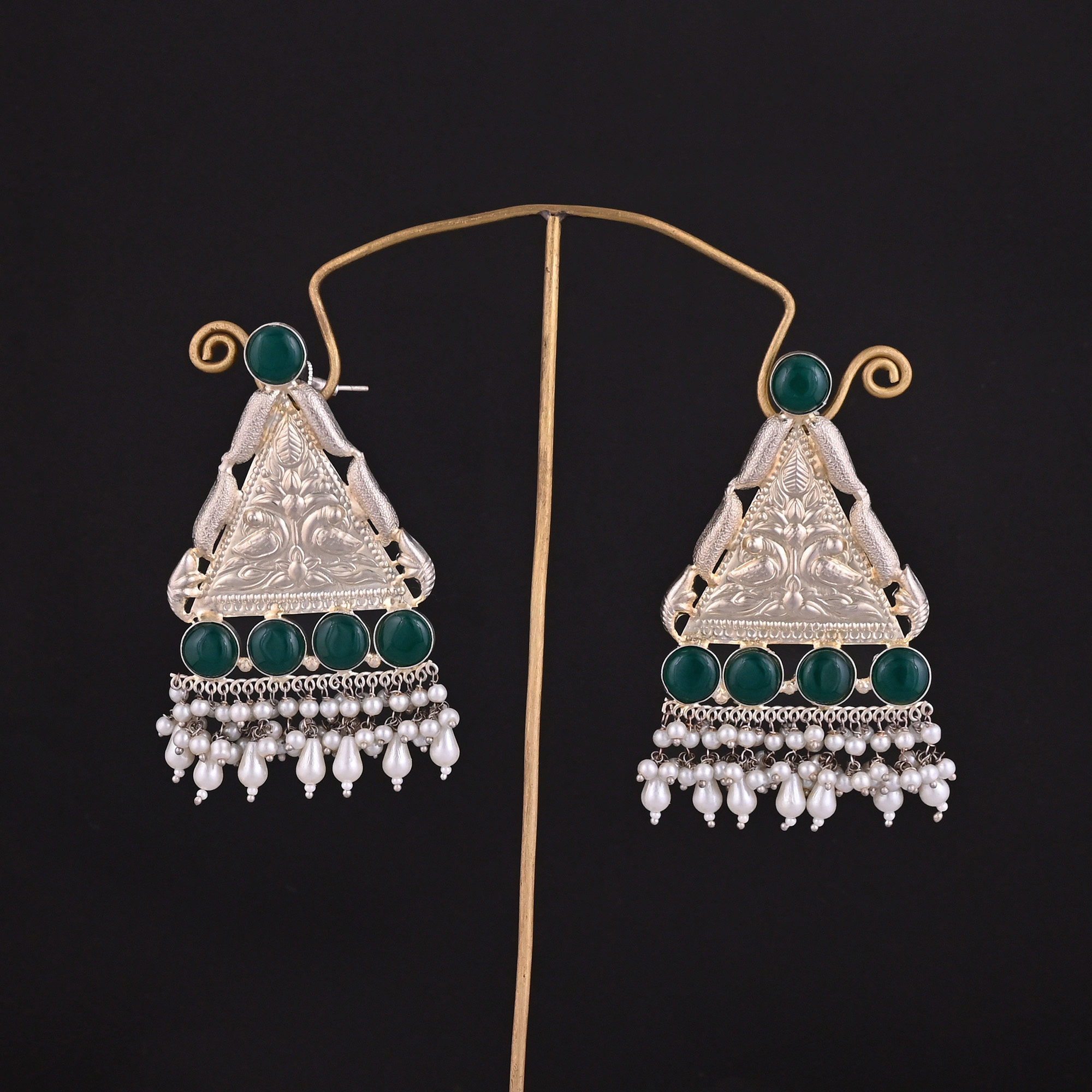 Green Hydro Pearl Stone  Jhumka Ethnic Earrings  Silver Plated Brass Traditional Indian Jewelry