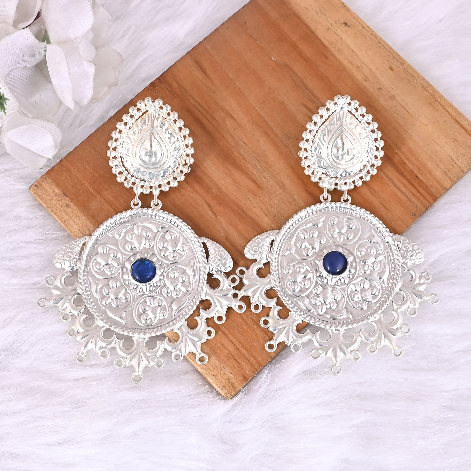 Blue Stone Studded Floral Design Ethnic Dangle Earrings Brass Silver Plating