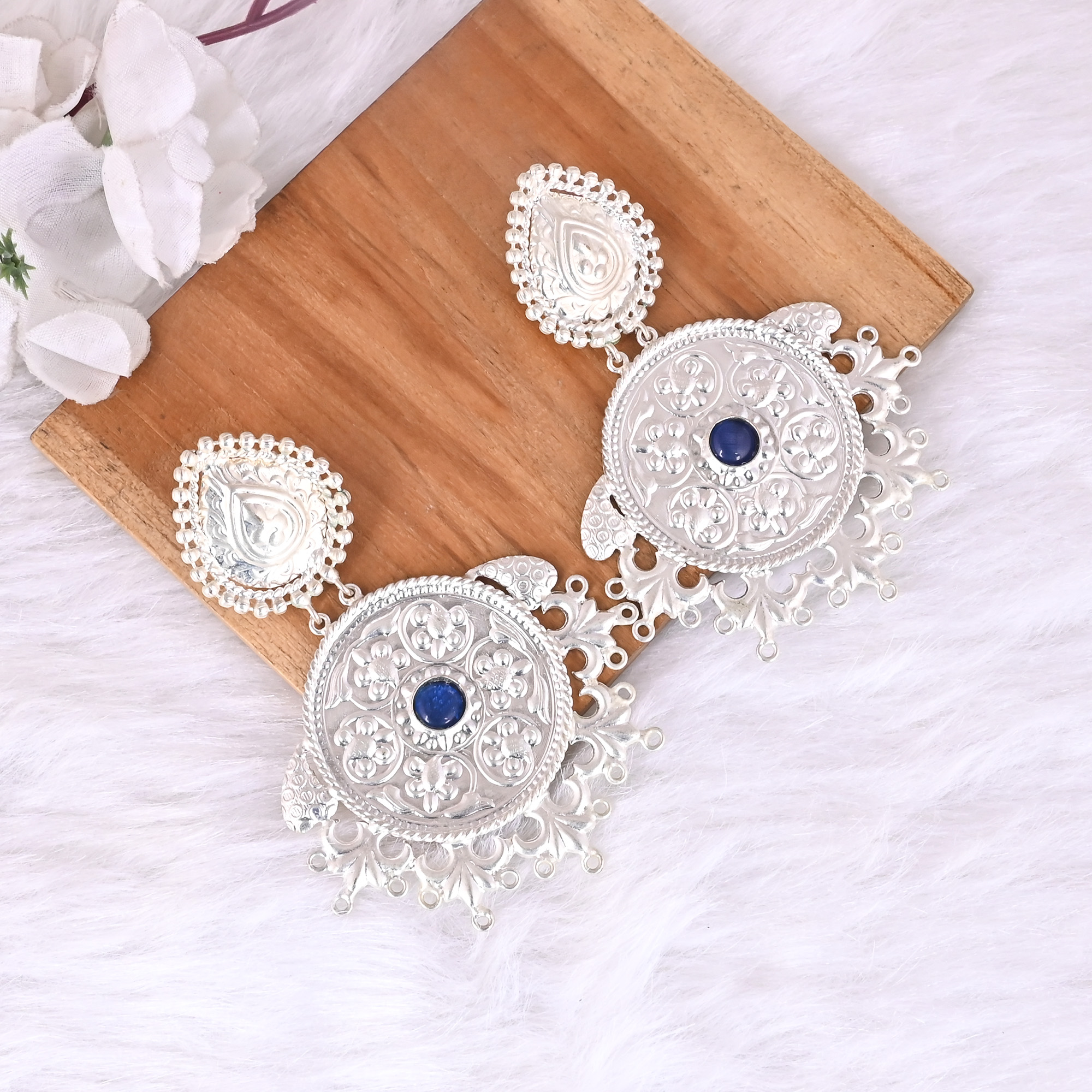 Blue Stone Studded Floral Design Ethnic Dangle Earrings Brass Silver Plating