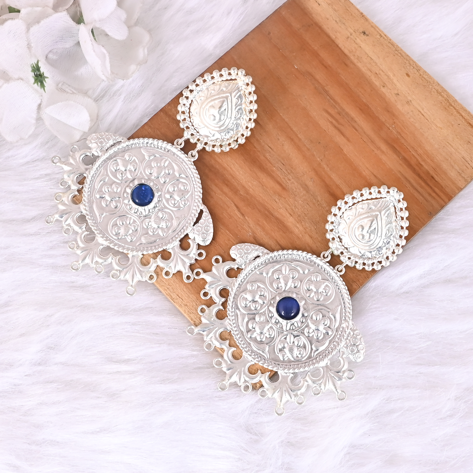 Blue Stone Studded Floral Design Ethnic Dangle Earrings  Brass Silver Plating