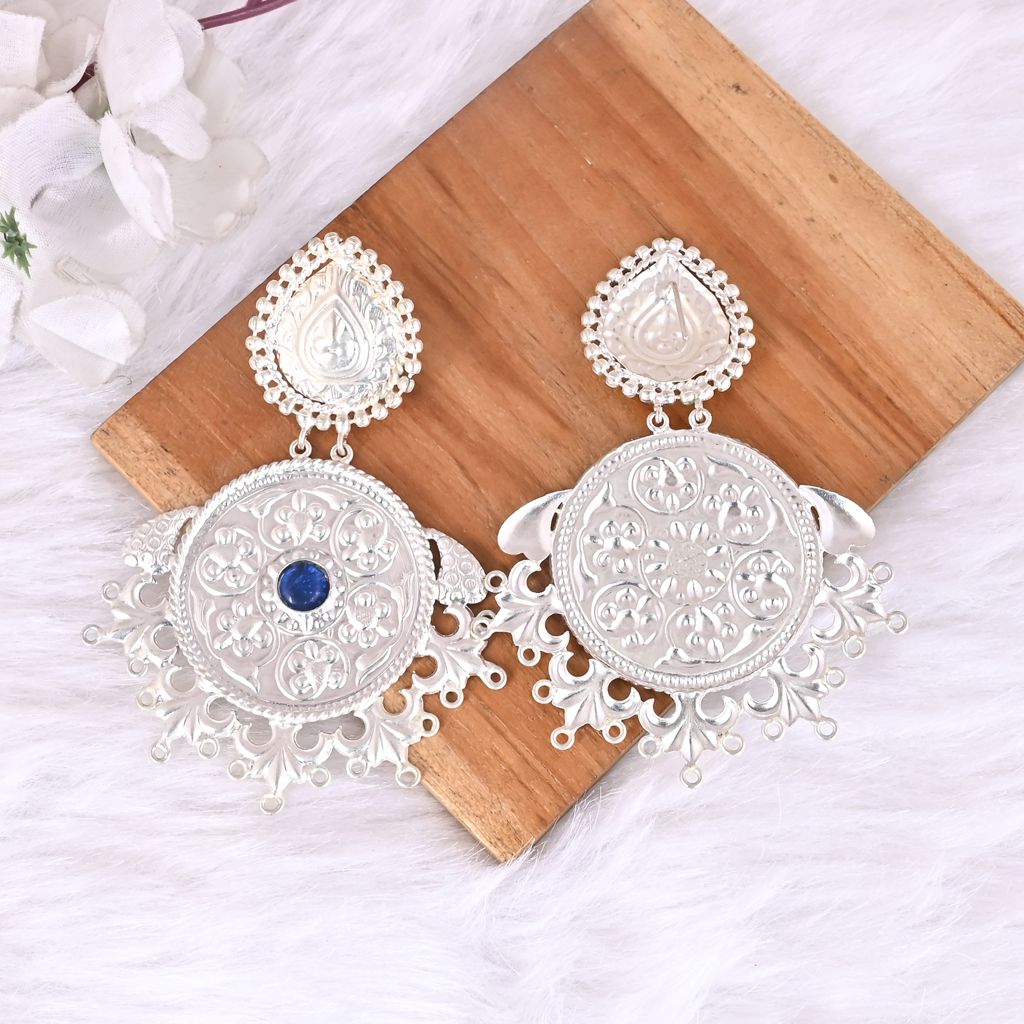 Blue Stone Studded Floral Design Ethnic Dangle Earrings  Brass Silver Plating