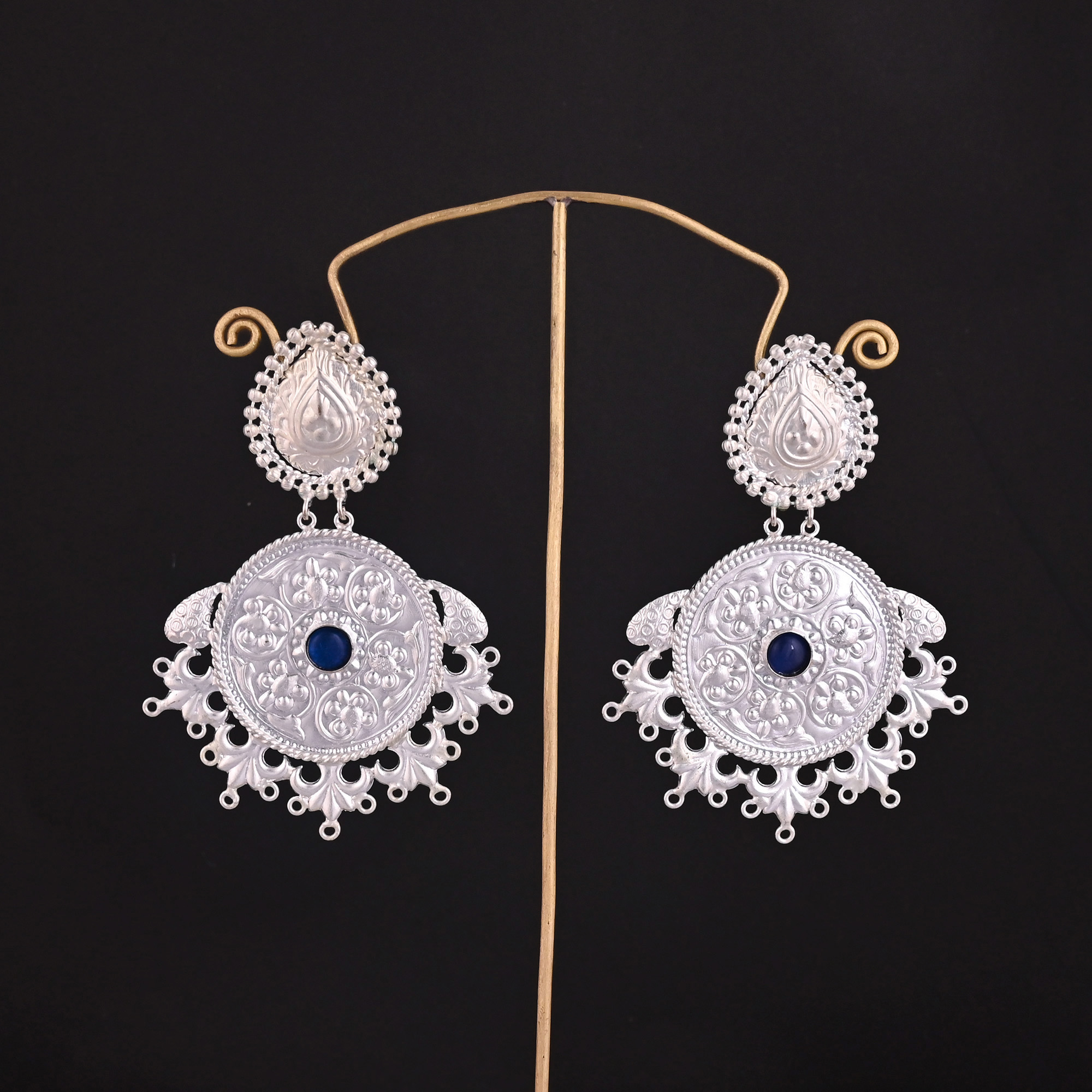 Blue Stone Studded Floral Design Ethnic Dangle Earrings Brass Silver Plating