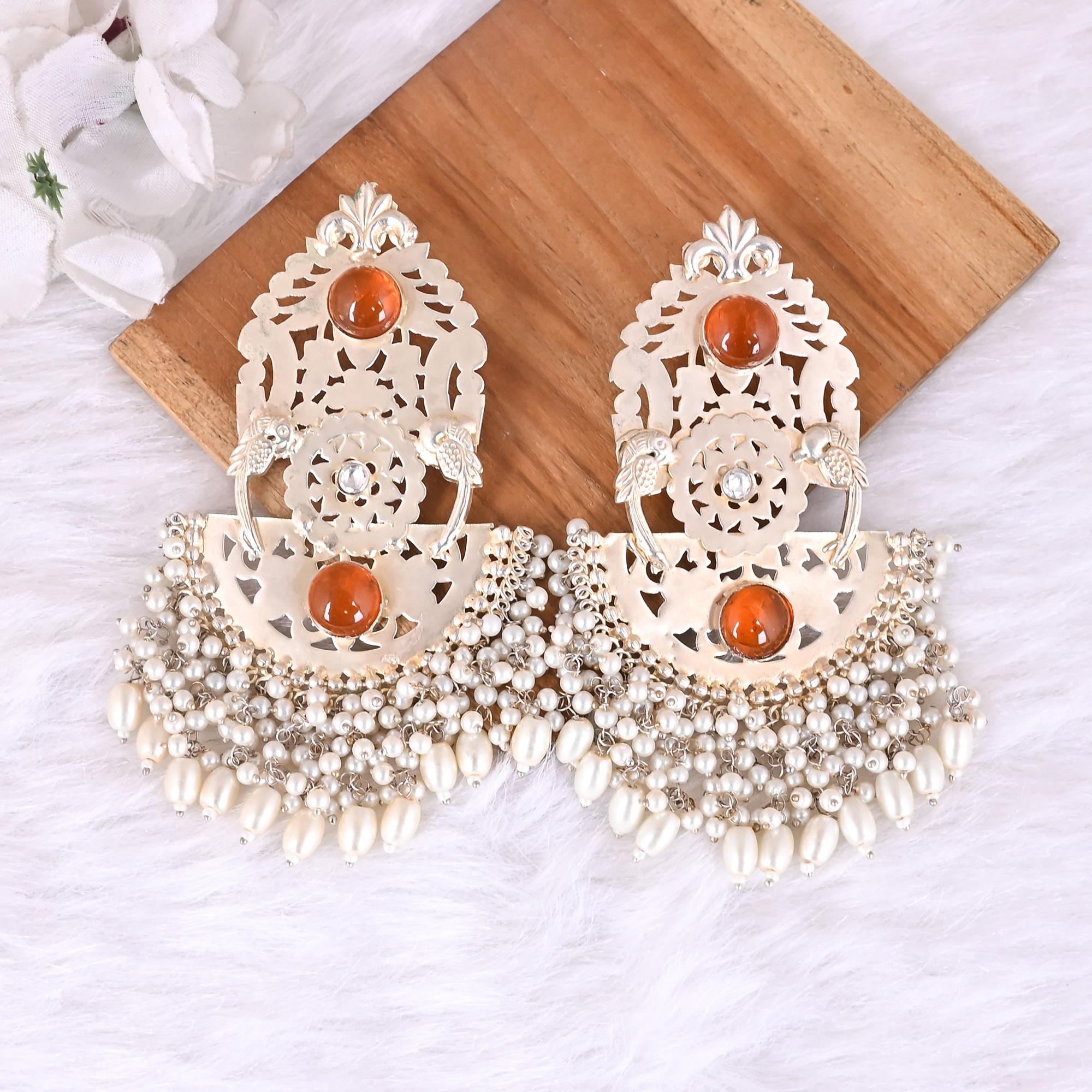 Synthetic Amber Pearl Stone Jhumka Ethnic Earrings  Silver Plated Brass Traditional Indian Jewelry