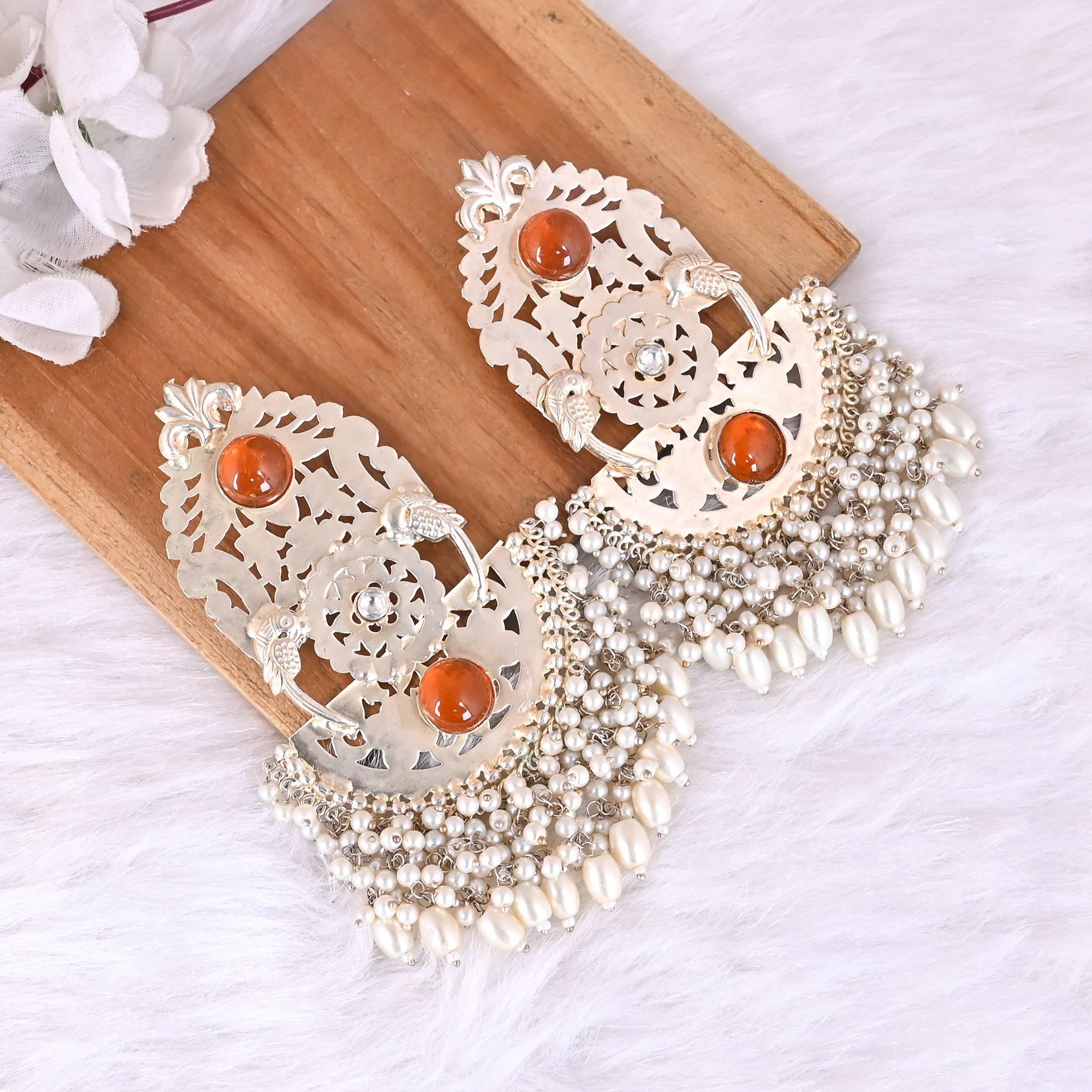 Synthetic Amber Pearl Stone Jhumka Ethnic Earrings  Silver Plated Brass Traditional Indian Jewelry