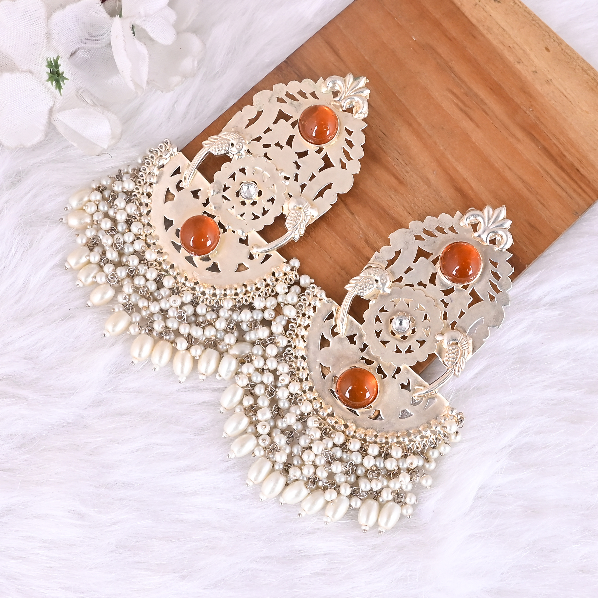 Synthetic Amber Pearl Stone Jhumka Ethnic Earrings  Silver Plated Brass Traditional Indian Jewelry