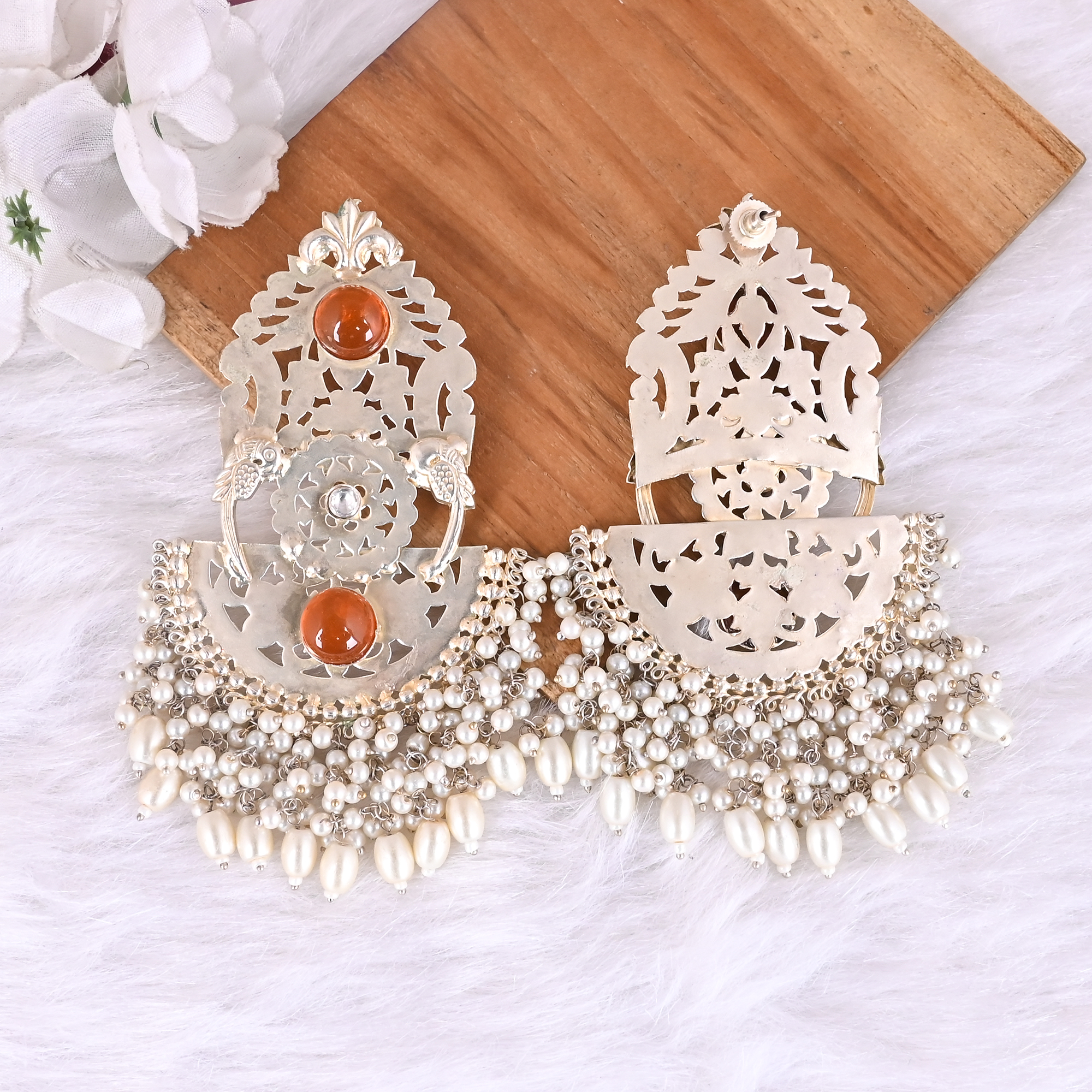 Synthetic Amber Pearl Stone Jhumka Ethnic Earrings  Silver Plated Brass Traditional Indian Jewelry