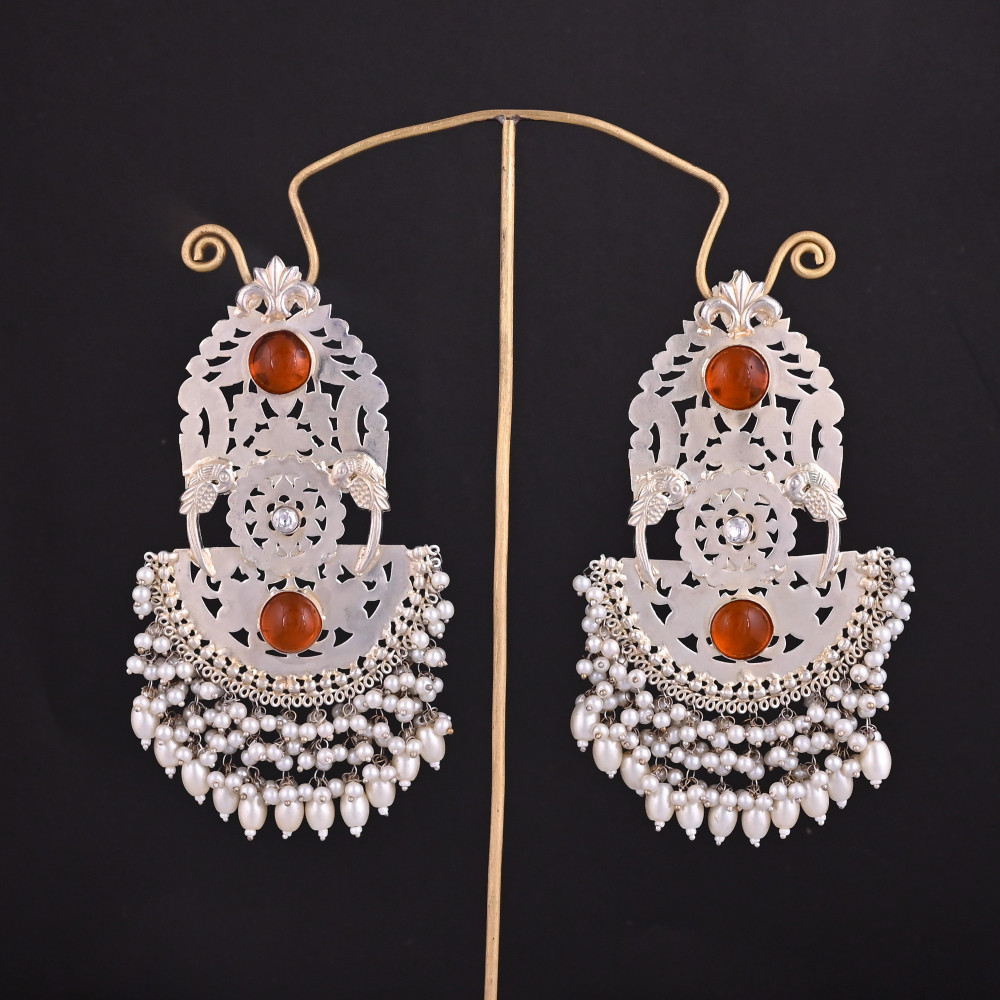 Image of Synthetic Amber, Pearl Stone Jhumka Ethnic Earrings | Silver Plated Brass Traditional Indian Jewelry