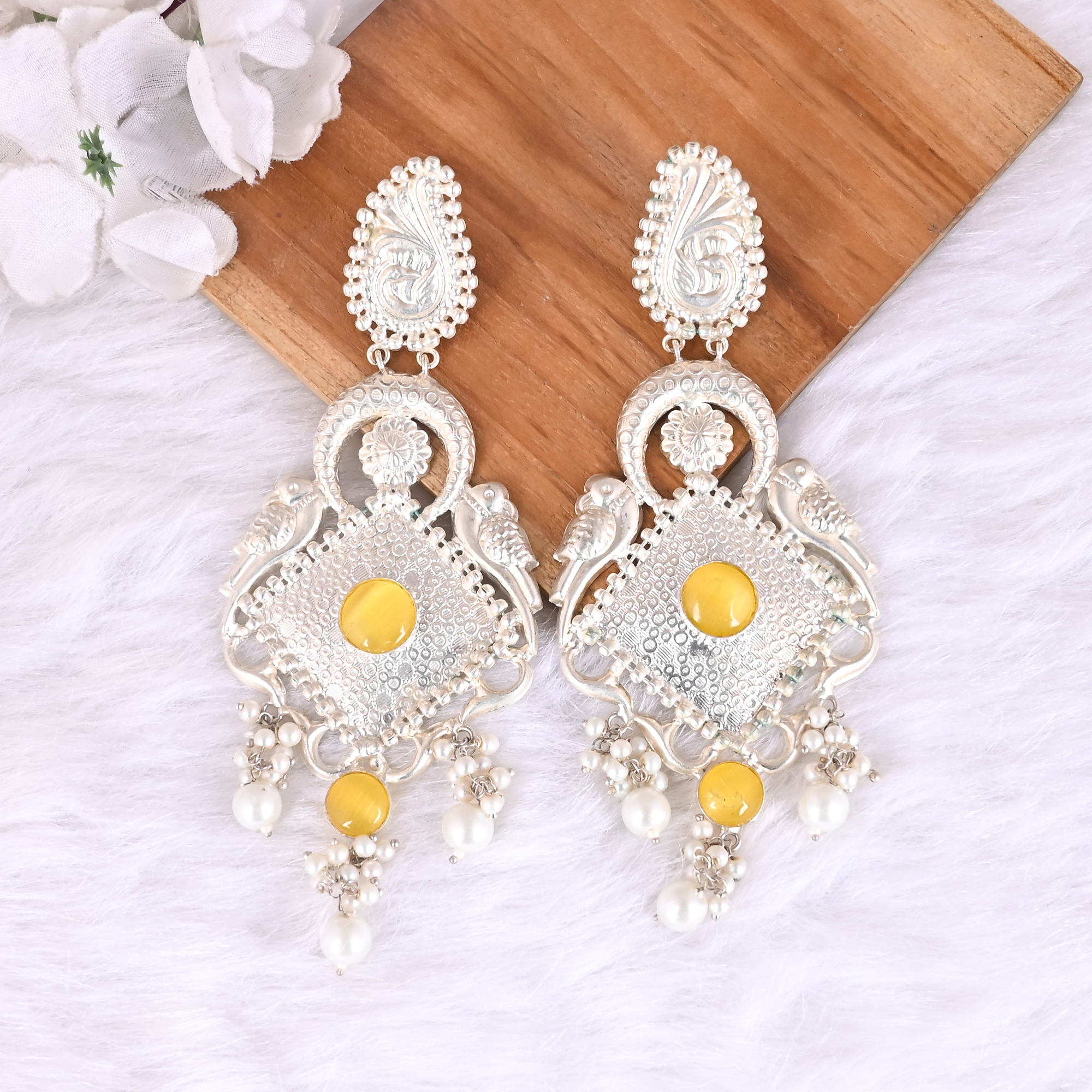 Yellow Cats Eye  Pearl Ethnic Drop Earrings  Silver Plated Brass Traditional Indian Jewelry