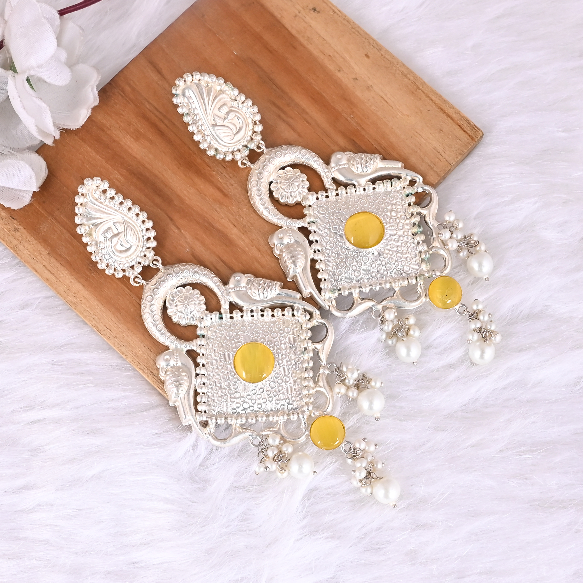 Yellow Cats Eye  Pearl Ethnic Drop Earrings  Silver Plated Brass Traditional Indian Jewelry